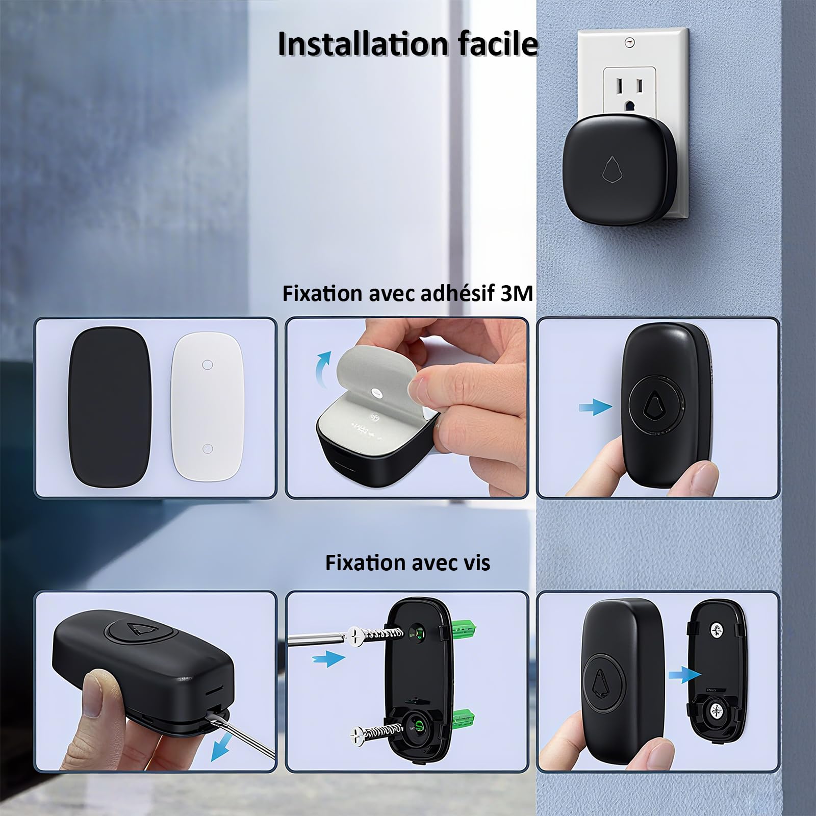 SECRUI Sonnette Sans Fil Exterieur Etanche, Doorbell Avec 2 Récepteurs + 1 Émetteur À Pile, 58 Mélodies Carillon, 5 Niveaux Volume 120 dB, LED, 300m Longue Portée Sonette Pour Maison,Appartement, Noir