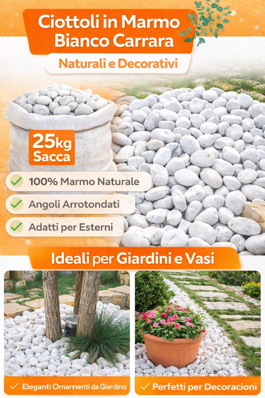 Ciottoli in marmo bianco carrara, sacca da 25kg, sassi con angoli arrotondati per decorazione ornamento giardino, pietre naturali per Vaso fiori, acquario, (Diametro 7-15 mm)