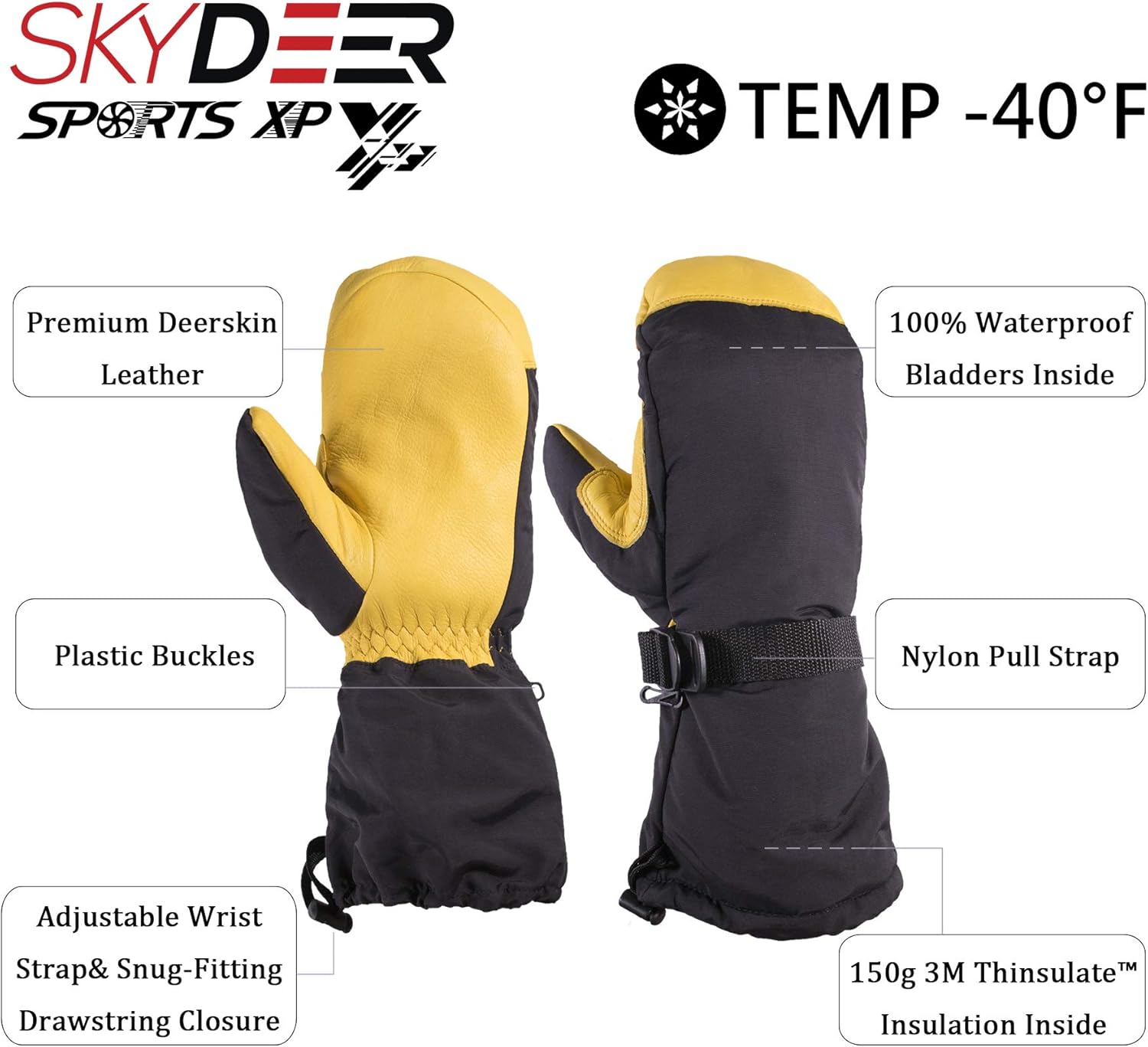 SKYDEER Waterproof and Windproof Genuine Deerskin Leather Ski Gloves with 150G 3M Thinsulate Insulation (SD8648T) - Image 3