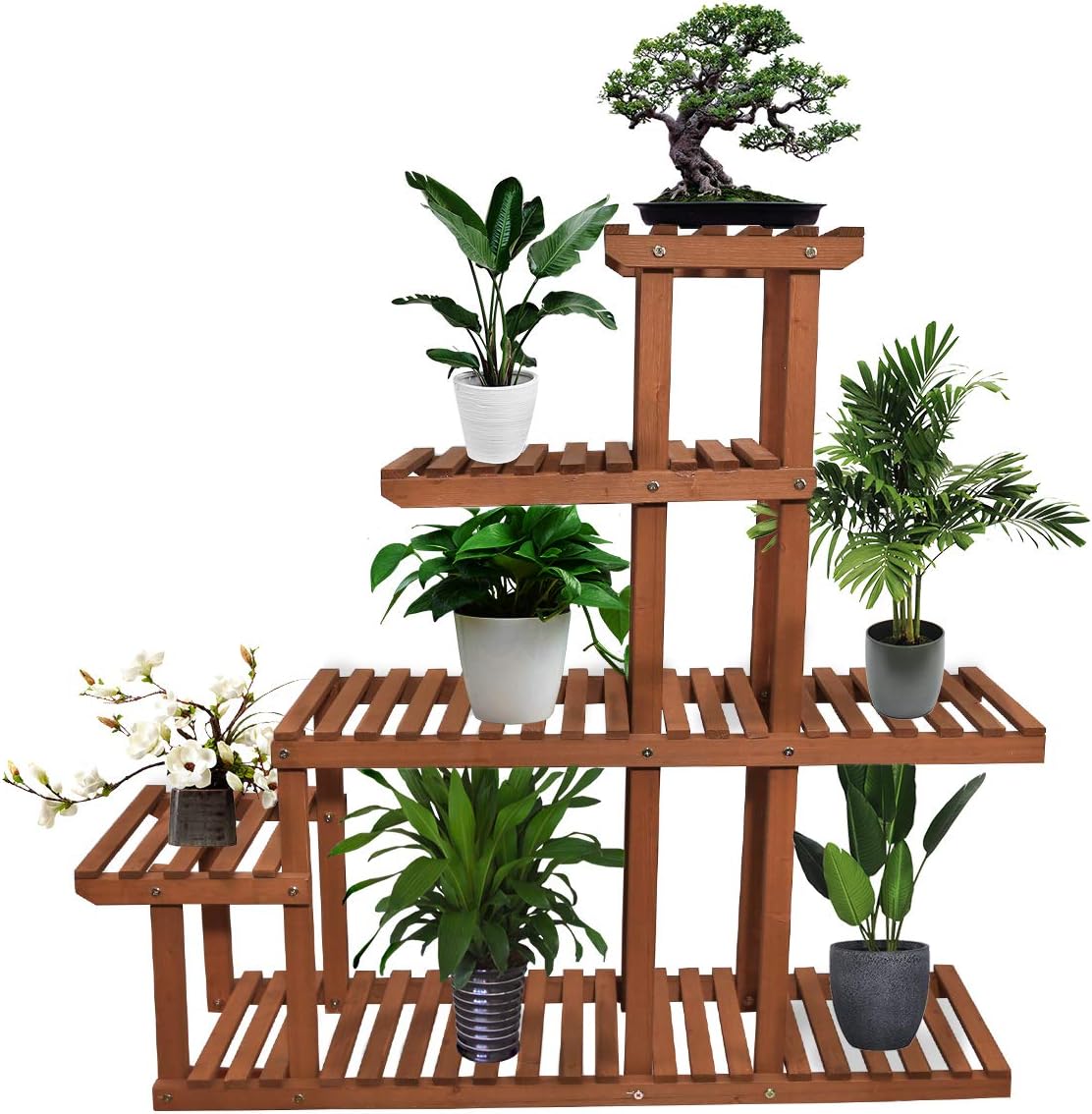Yardeen Wooden Plant Stand Flower Display Holder Shelf 5 Tiers Storage Rack for Patio Garden Indoor Outdoor Corner 10 Pots Brown