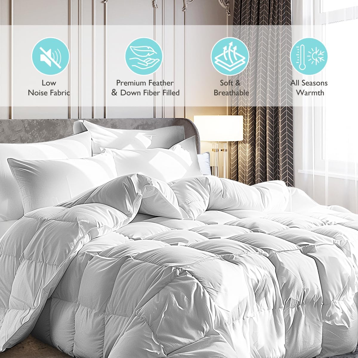 Martha Stewart White Goose Feather Down Fiber Comforter Queen Size- All Season Duvet Insert, Noiseless Fabric with 51oz Filled Luxury Cloud Fluffy Bed Comforter with 8 Corner Loops, White 90x90inch - Image 2