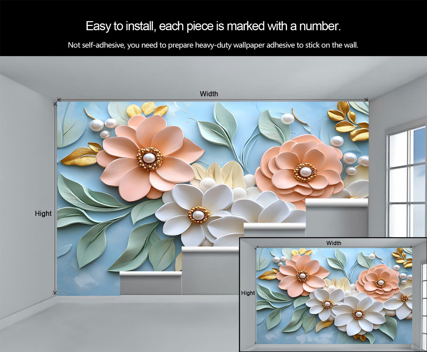 White Blooms Tapete – 3D-geformte Wandtapete – Perlen-Blumenmuster, Schlafzimmertapete für Wohnzimmer, nicht selbstklebend, hellblaue Wandbilder und Heimdekoration
