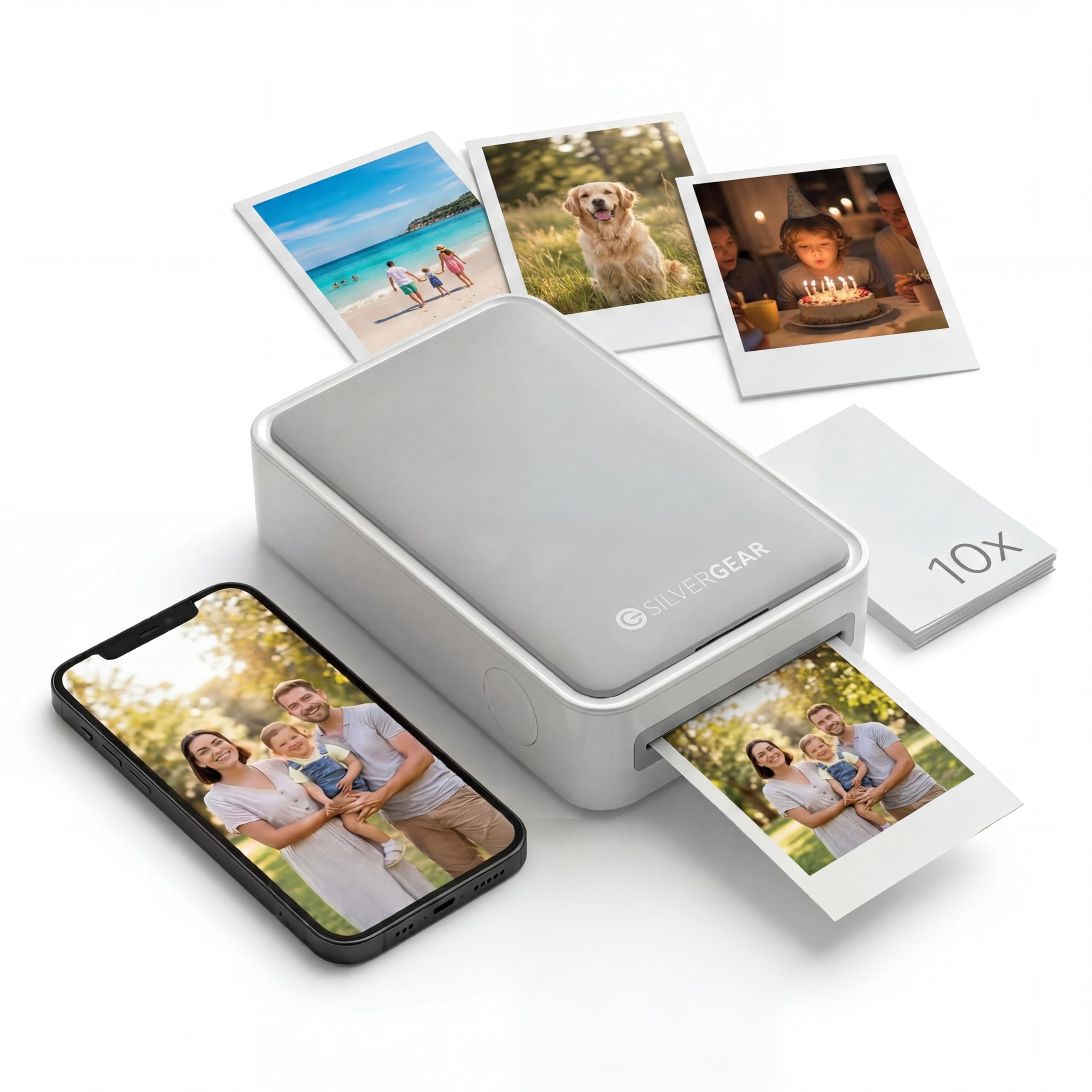 Silvergear® Fotodrucker für Smartphone | Mini Drucker Bluetooth mit App | iOS & Android | 300dpi Sofortbilddrucker | 4Pass-Farbsublimation | Hochzeit & Journaling | inkl. Fotoblätter 5,4×8,2cm | Weiß