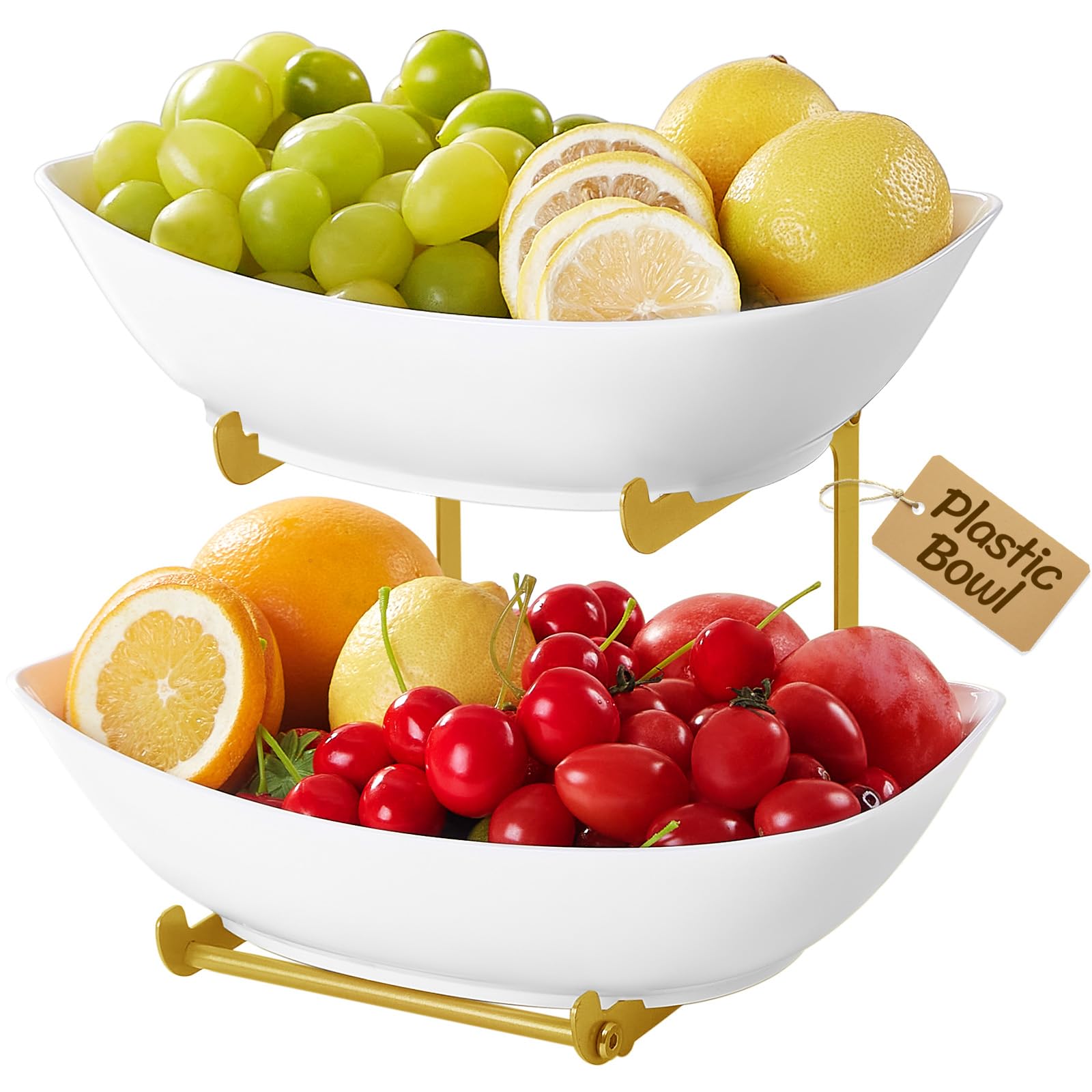 Lifewit Fruit Bowl, 2 Tier Fruit Holder for Kitchen Countertop, Plastic Food Basket with Metal Stand, Serving Tray for Food, Large Capacity Snack Cake Berry Storage Rack in Party, Gold — image 1