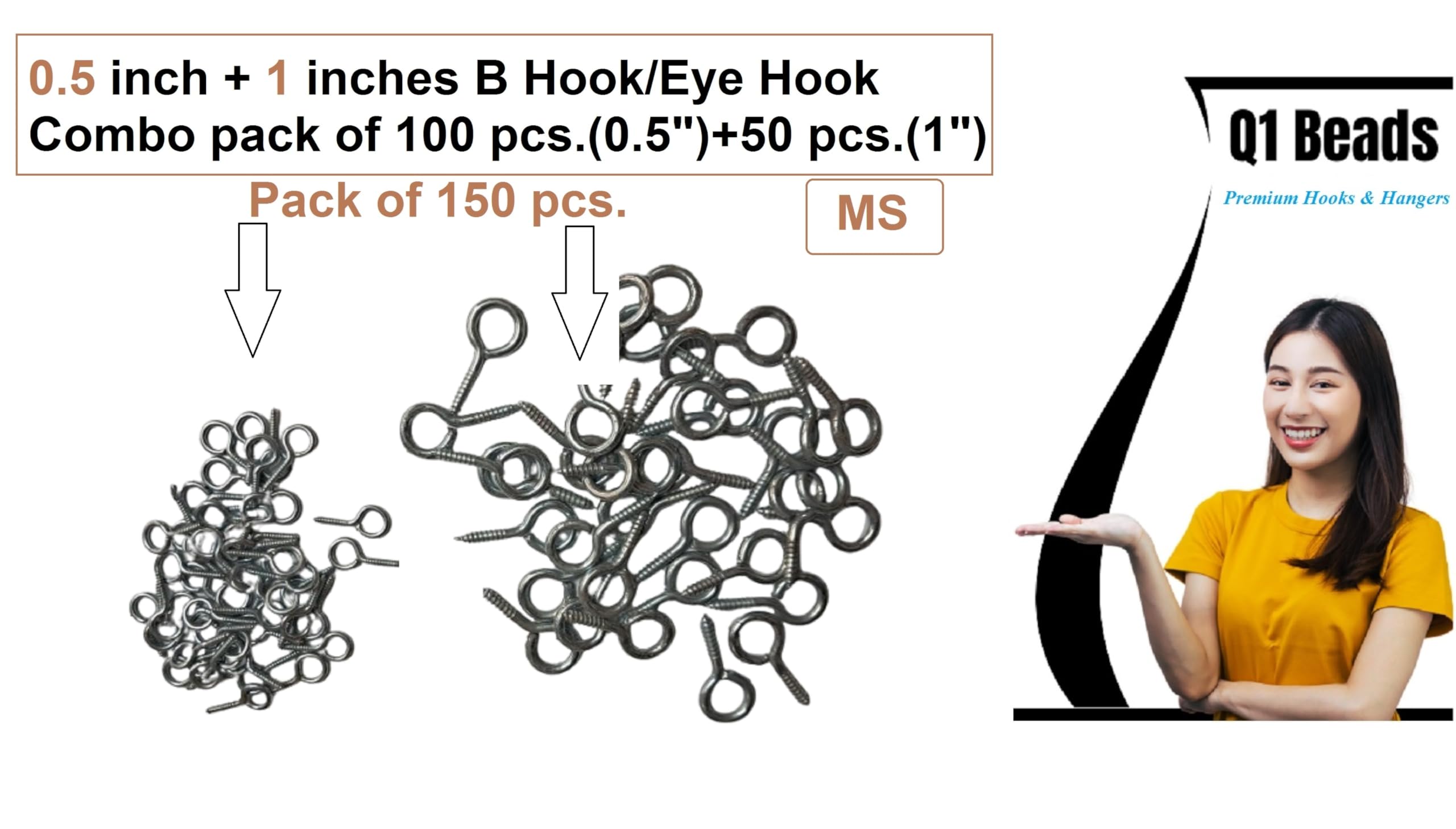 Q1 Beads Metal 150 Pcs. Combo B Hook Eye Hook Screws, Screw in Eye Hooks for Wood, Securing Cables Wires, Self Tapping Eyelet Screw Eye Bolts for Indoor & Outdoor Use (0.5 inch, 1 inch) — Amazon image 2