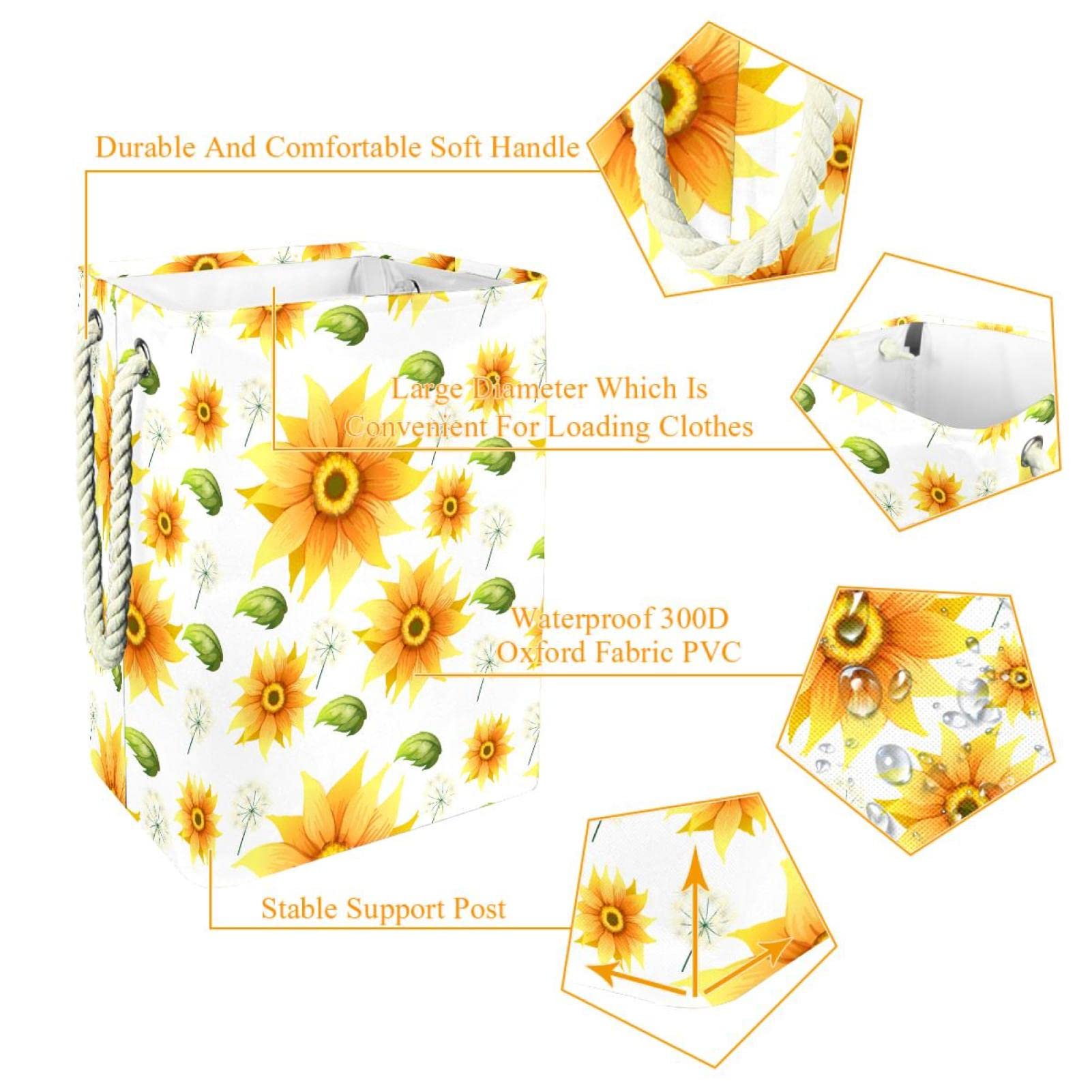 Cesta impermeable para la colada, cesta para ropa sucia con asa, hermoso patrón de flores de girasol