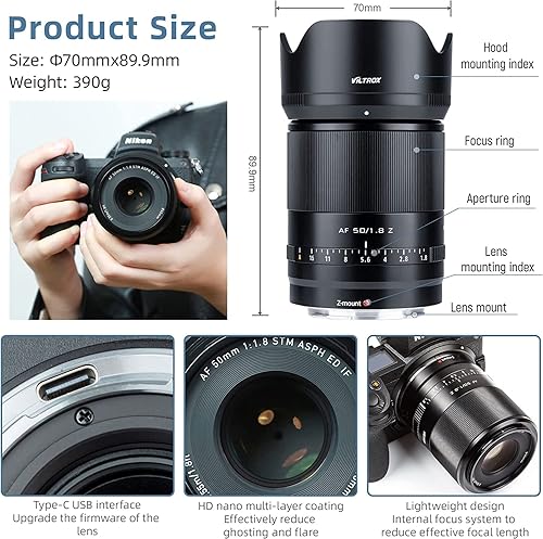 Miniatura 5 de Lente de montura Z de gran apertura Prime AF de 1.969 in F1.8 lente de retrato de marco completo compatible con cámaras Nikon Z5, Z50, Z6, Z6II,