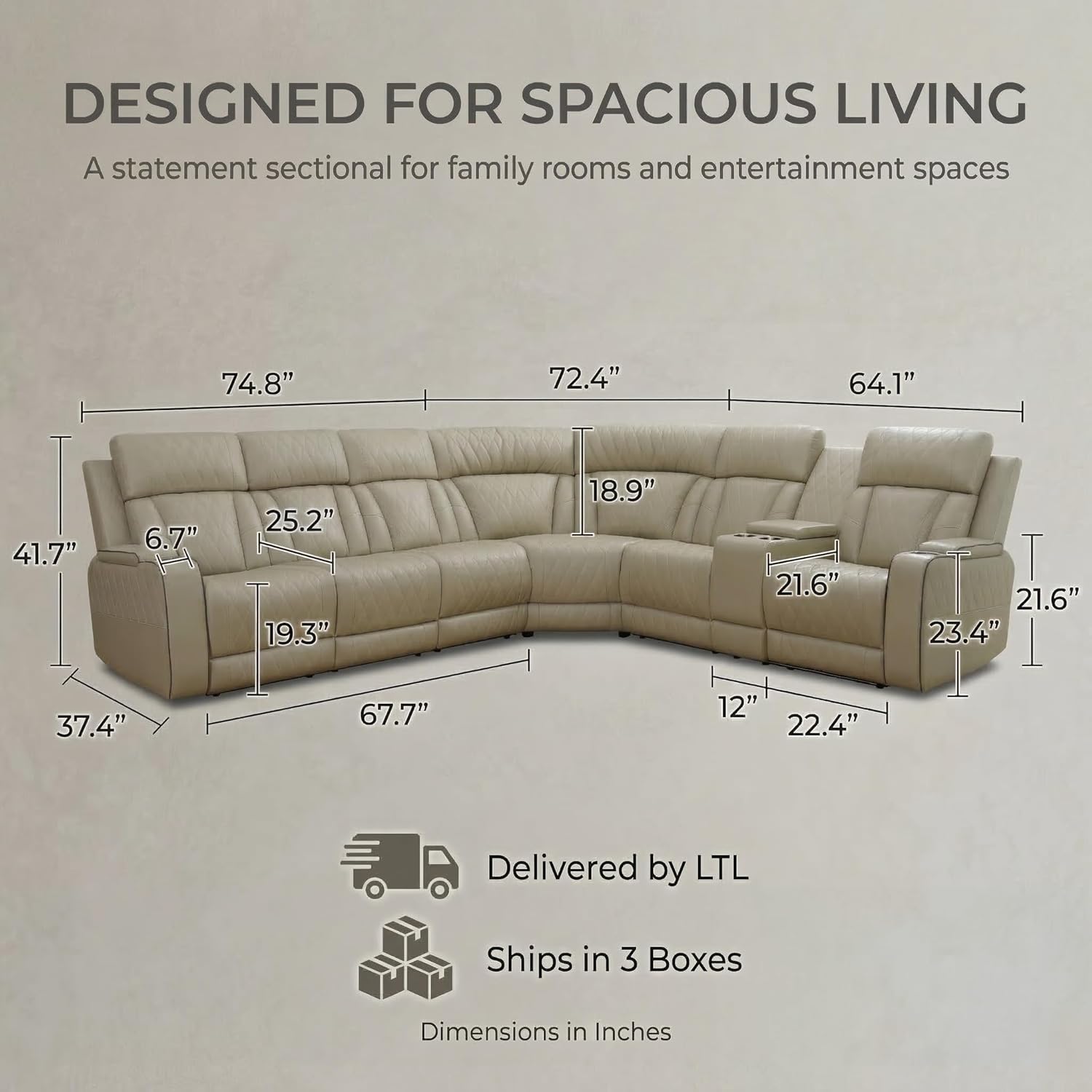 Power Reclining Sectional Sofa, Beige Breathing Leather Recliner Couch with LED Light, Cup Holders, Storage Console, Wireless Charging, USB & Type-C for Living Room Home Theater