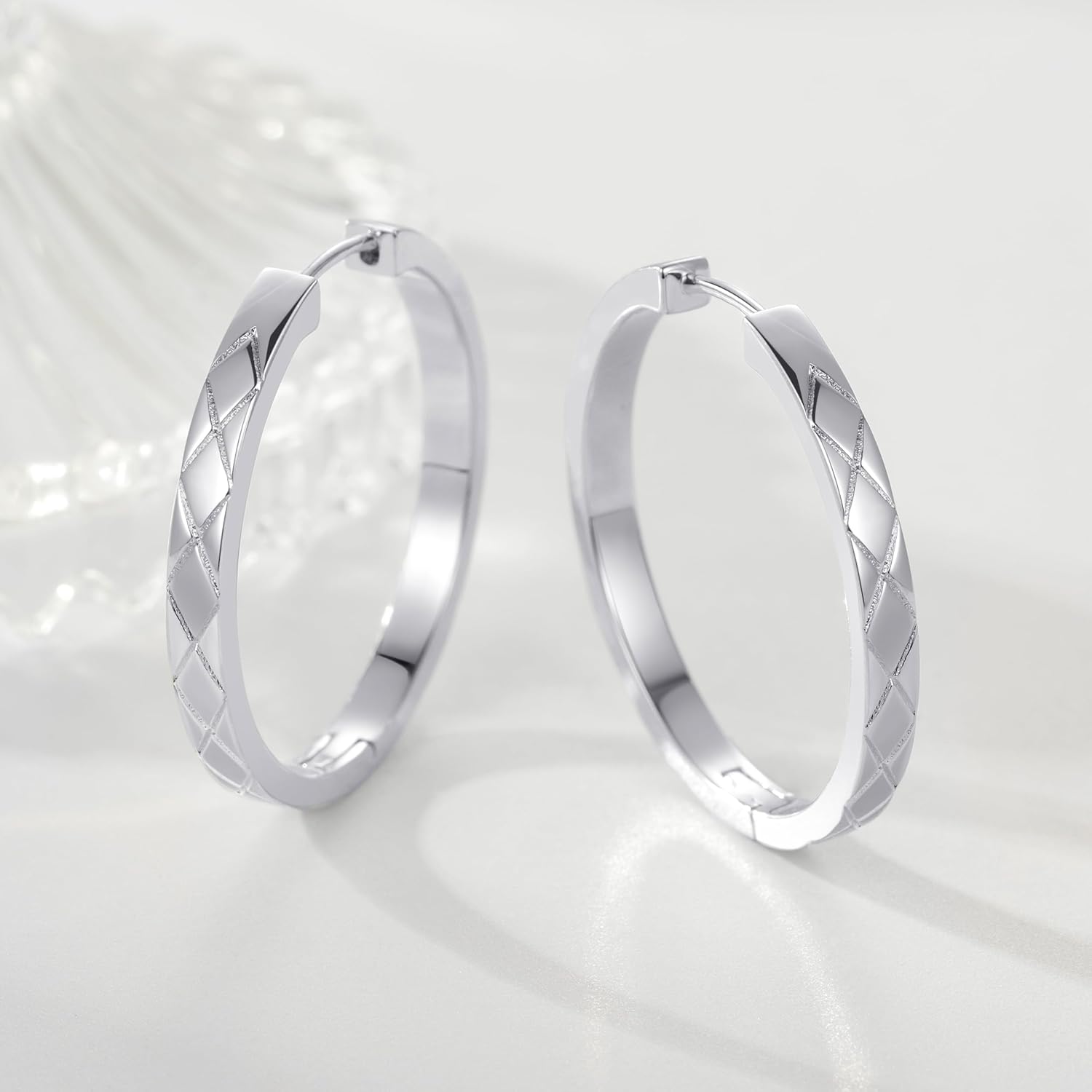 Sterling Silver Hoop Earrings for Women Silver Earrings Hoops Large Silver Huggie Hoop Earrings Unique Cross-cut Design 30MM*3.5MM