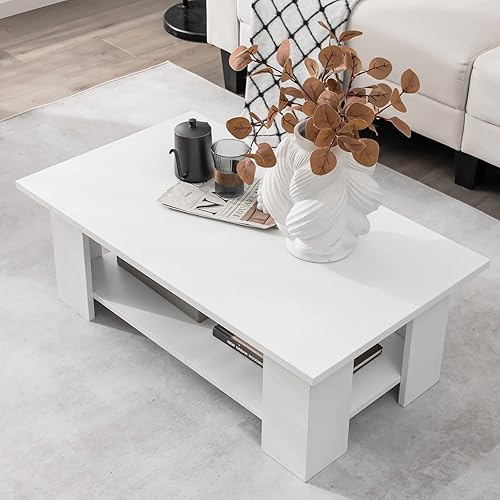 Miniatura 4 de Tangkula Mesa de centro de 2 niveles, moderna mesa de cóctel rectangular con 5 patas de soporte, muebles de sala de estar con acento de madera, mesa