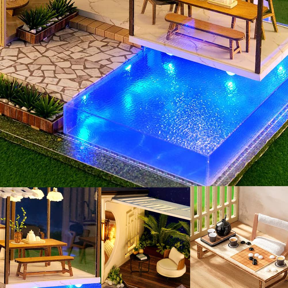 Maison de poupée miniature en bois de style chinois - Villa à 2 étages avec piscine de jardin - Échelle 1:24 - Maison de jouets assemblée pour enfants et amis