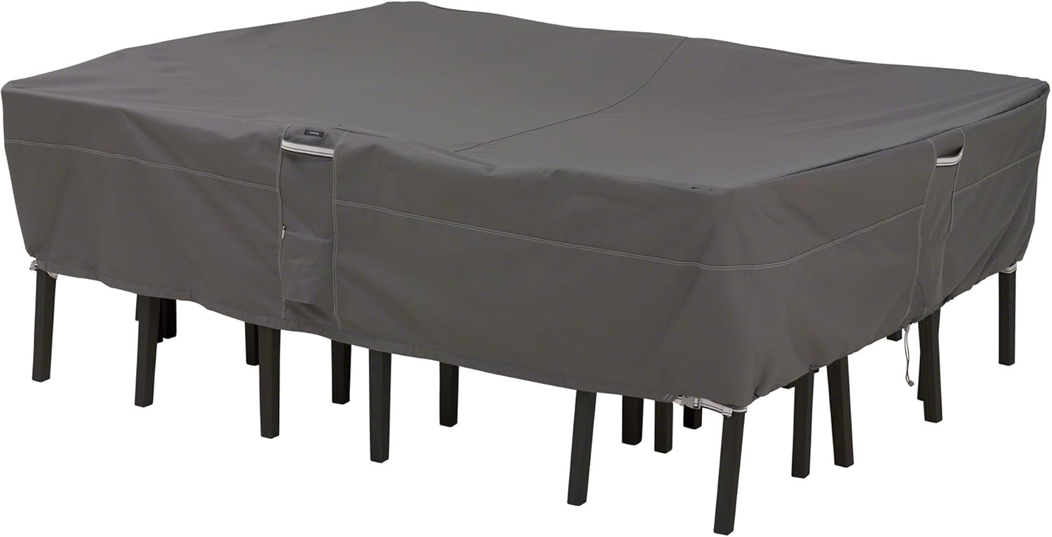 Classic Accessories Ravenna Water-Resistant 128 Inch Rectangular/Oval Patio Table & Chair Set Cover, Outdoor Table Cover 128"L x 82"W x 23"H Dark Taupe/Mushroom/Espresso