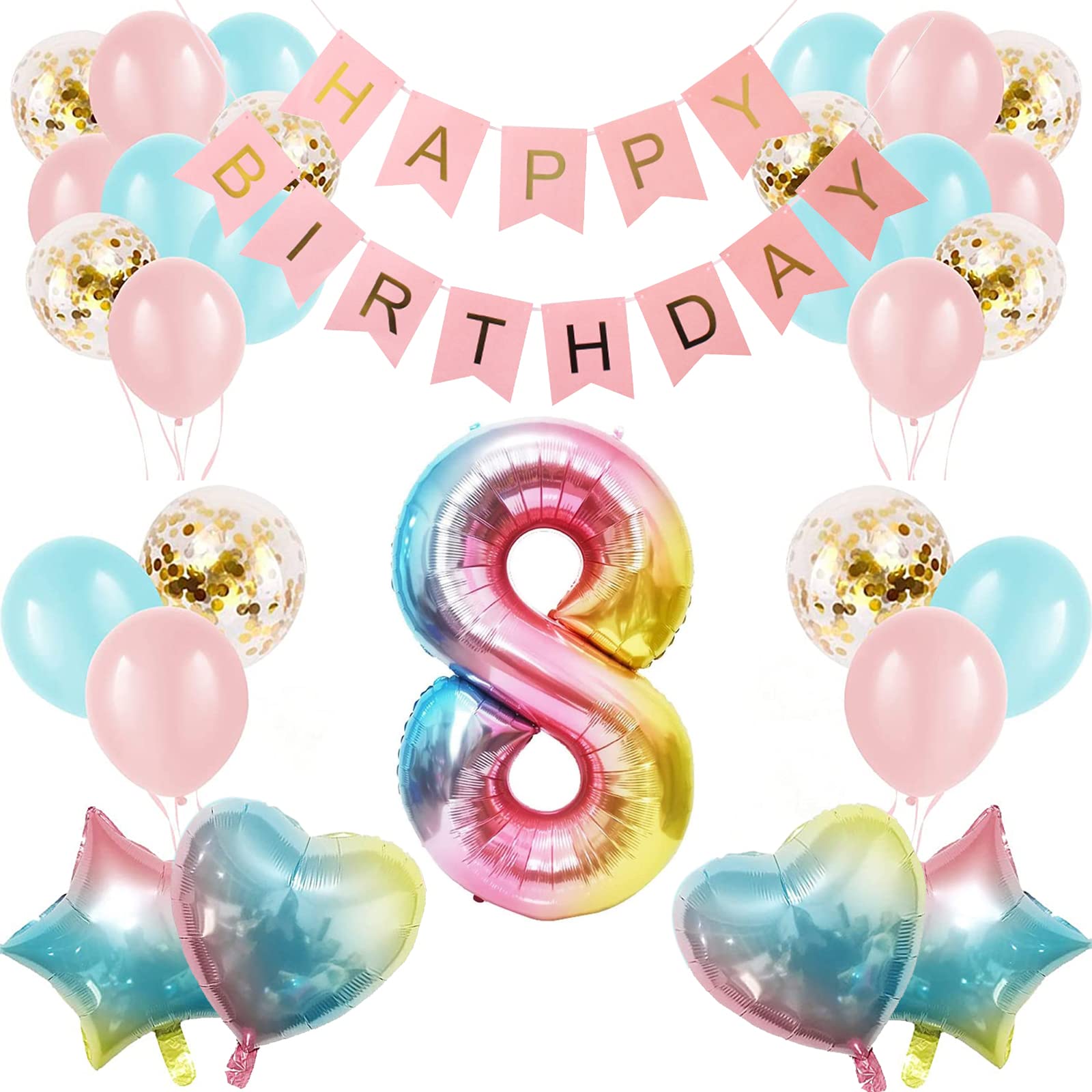 Girl 8th Birthday Decorations Gradient Color Age 8 Balloon Arch Kit with 40 inch Number 8 Foil Balloon Happy Birthday Banner & 28 Latex Balloons for Eighth Birthday Party (8th Birthday Balloon Set)