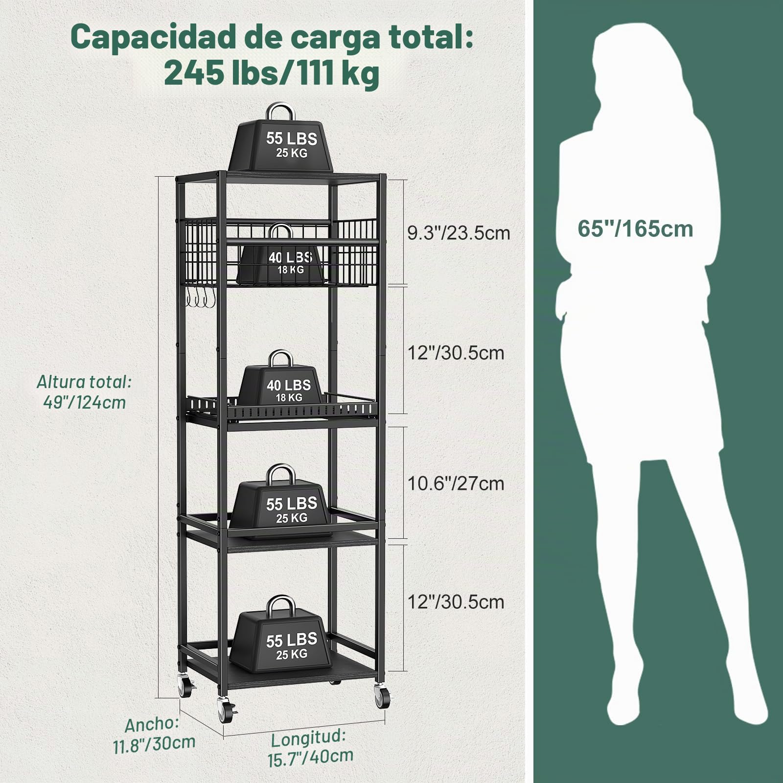 Housolution Carro Rodante de Cocina de 5 Niveles, Carrito con Cesta Metálica y Organizador Extraíble para Tabla de Cortar y Tapa de Olla, Estantería con Tapa de Madera para Cocina, Despensa, Baño