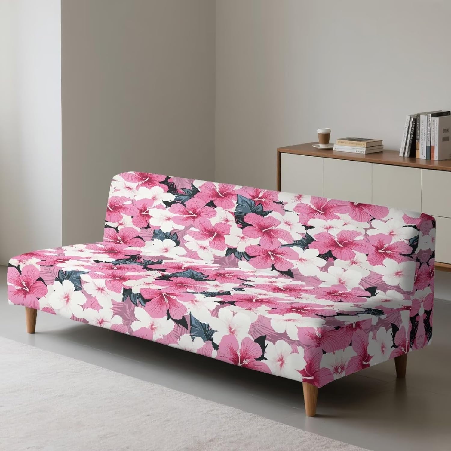 Armless Futon Cover Tropical Flowers Stretch Armless Sofa Futon Slipcover with Elastic Bottom Polyester Washable Furniture Protector for Kids, Pets