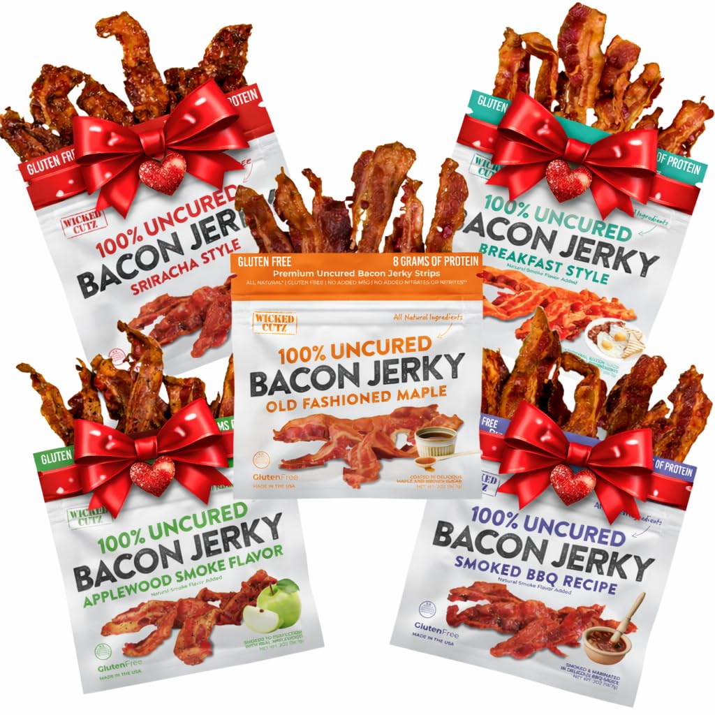 Bacon Jerky Variety Pack | 5 Flavors & Up to 24g Protein Per Bag | Fully Cooked, Tender, Easy to Chew, USA Made, High Protein Carnivore Snacks | Valentines Day Gift for Men (5 Bags)