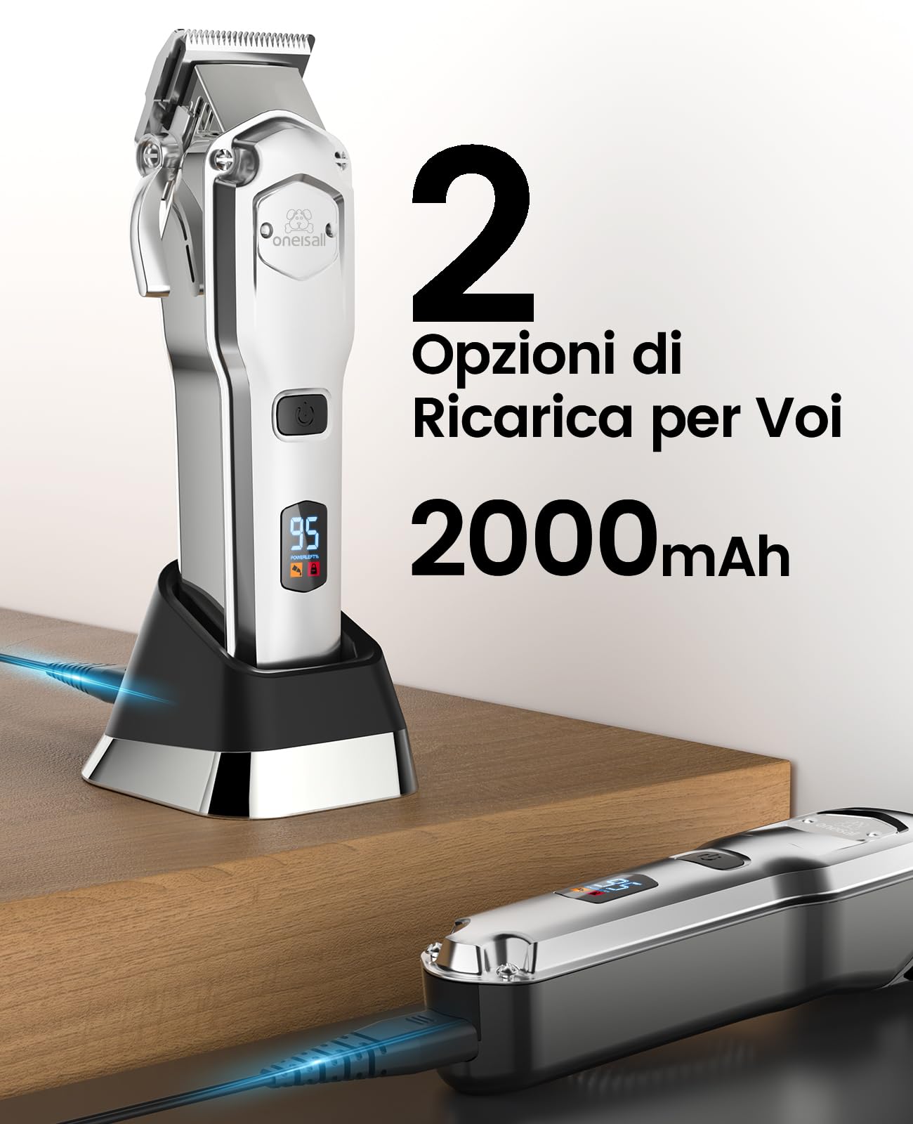 oneisall Tosatrice per cani professionale, senza fili/ricaricabile, con pettini in metallo staccabili, a basso rumore, resistenti, per capelli spessi/ricci/fini/ondulati