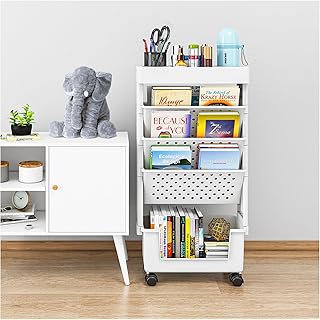 5 Tier Book Rack Storage Bookshelf, Mobile Bookshelf with Wheels, Movable Unique Bookcase Small Rolling Bookshelf, Mobile Book Cart Organizer Bookshelves for Office, Dorm, Classroom, Nursery, White