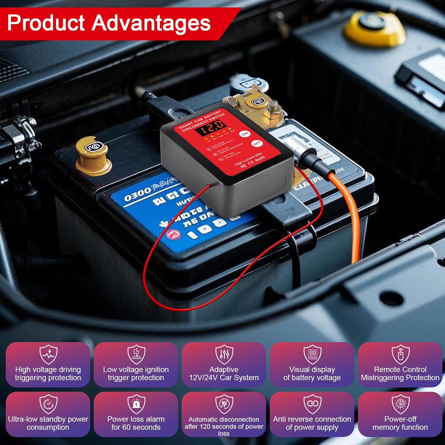12V 240A Remote Control Battery Kill Switch for Car - Smart Battery Disconnect Switch with LED Indicator, Anti-Theft Protection & Prevents Battery Drain, for Cars, Trucks, RVs, Marine Vehicles