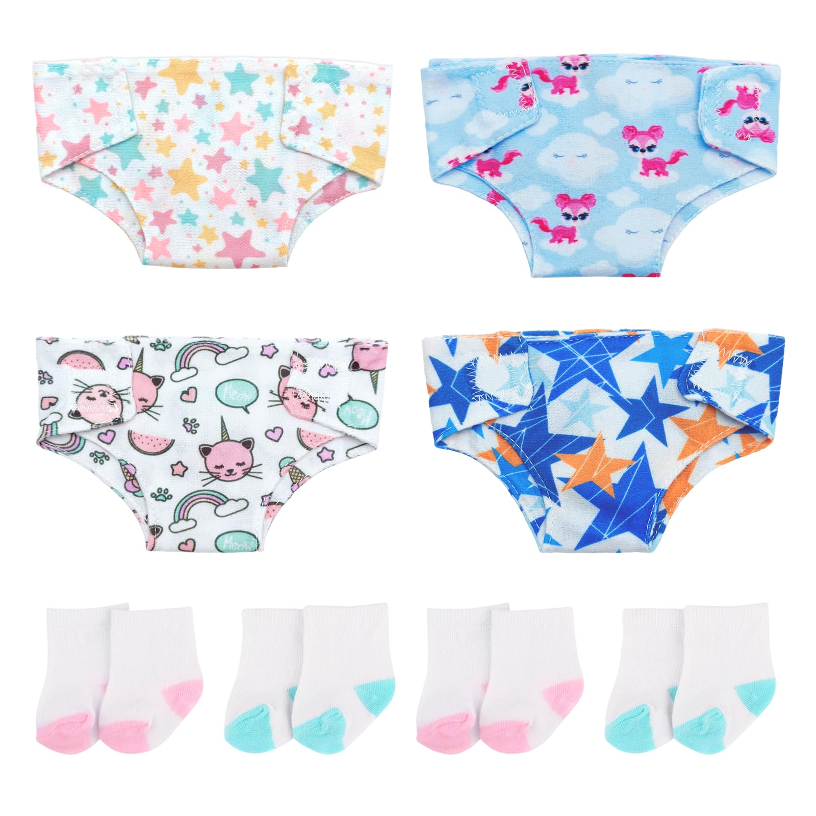 8 Pcs Doll Nappies and Socks for Baby Dolls 14-18 inches, Cute Reusable Nappies Baby 4 Different Patterns and Styles,Adjustable Nappies Doll Accessories Set Dolls Clothes, Gifts for Children