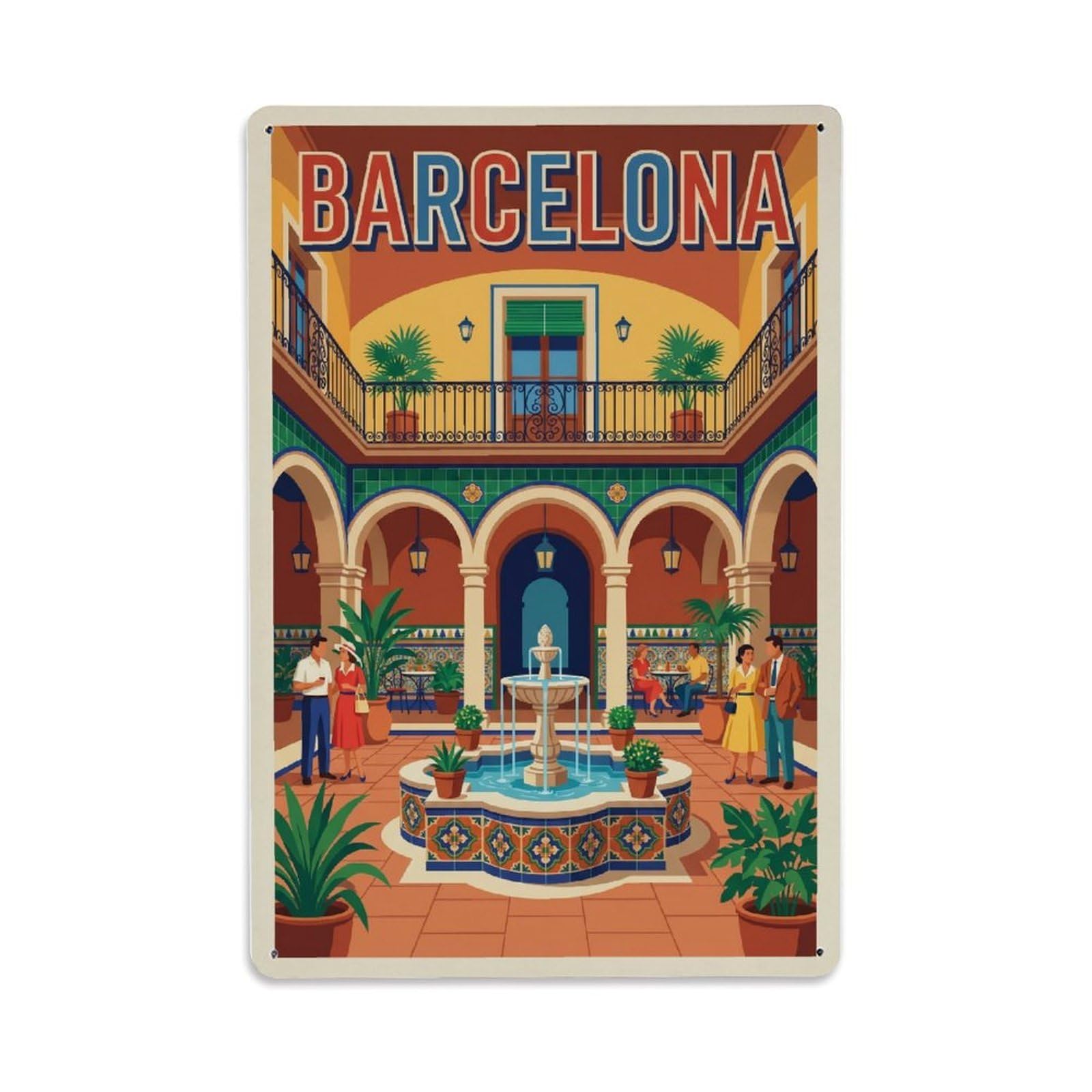 Fqnyr Style Vintage Travel Courtyard Spain Enclosed Metal Tin Sign Plaque Wall Decor For Cafe, Club Bar, Office, Home Garden Metal Poster 8X12inch