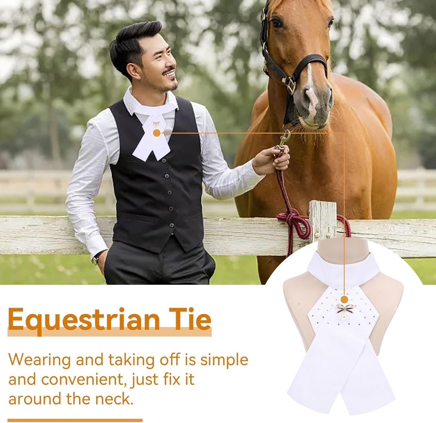 Horse Riding Stock Tie, Women Dressage Equestrian Pre Tied Cotton Necktie Collar Women's Ready-Tied Competition Neck Tie Horse Riding Equipment, Easy On/Off, White