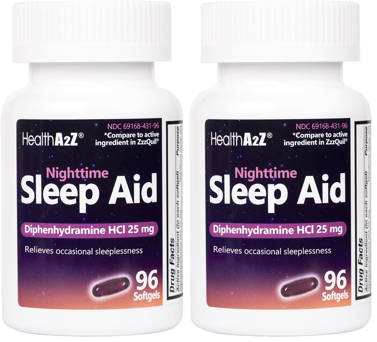 HealthA2Z Sleep Aid, Diphenhydramine HCl 25mg Softgels, Supports Deeper, Restful Sleeping, Non Habit-Forming (96 Softgels) (Pack of 2)