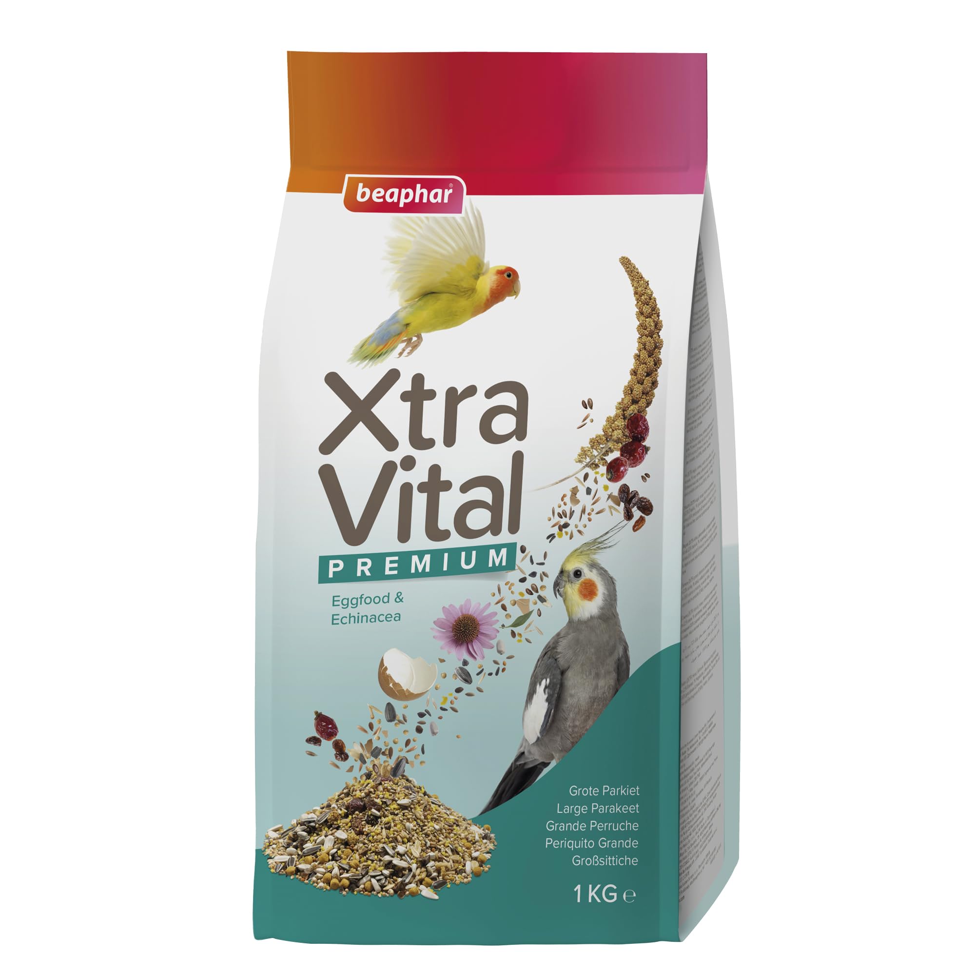 Beaphar - XtraVital Large Parakeet Bird Food 1kg - Complete Food with Raisins, Rose Hip, Echinacea & Egg Food - Rich in Vitamins & Minerals - For Vitality, Immunity, Plumage & Optimum Health – 1kg