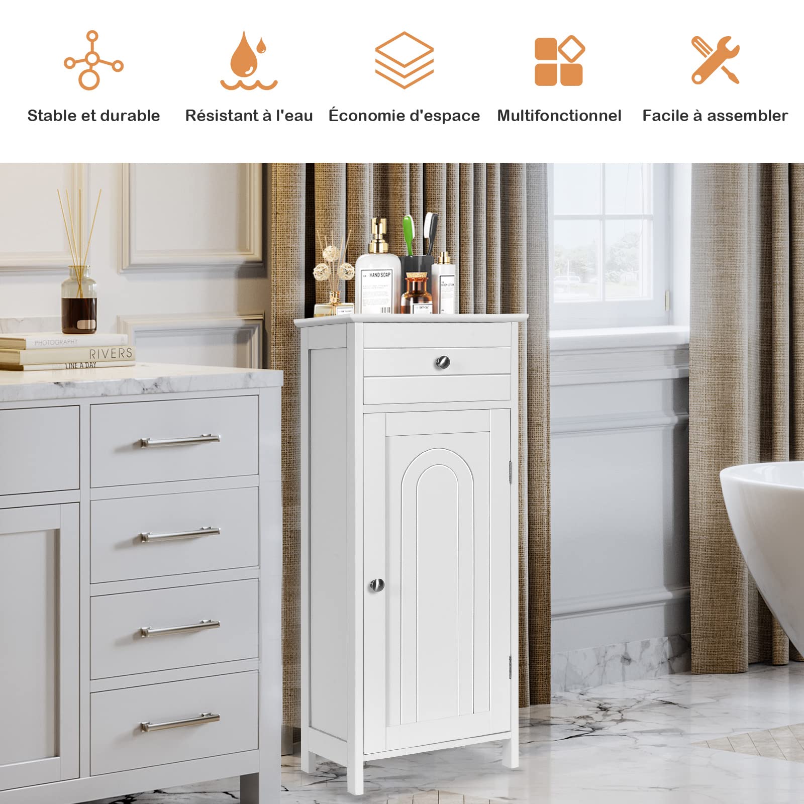 GIANTEX Meuble sur Pied pour Salle de Bain, Meuble d'Appoint Grand Tiroir et 2 Etagères Réglables avec Porte pour Chambre, Salon, 35,5x30,5x88 cm