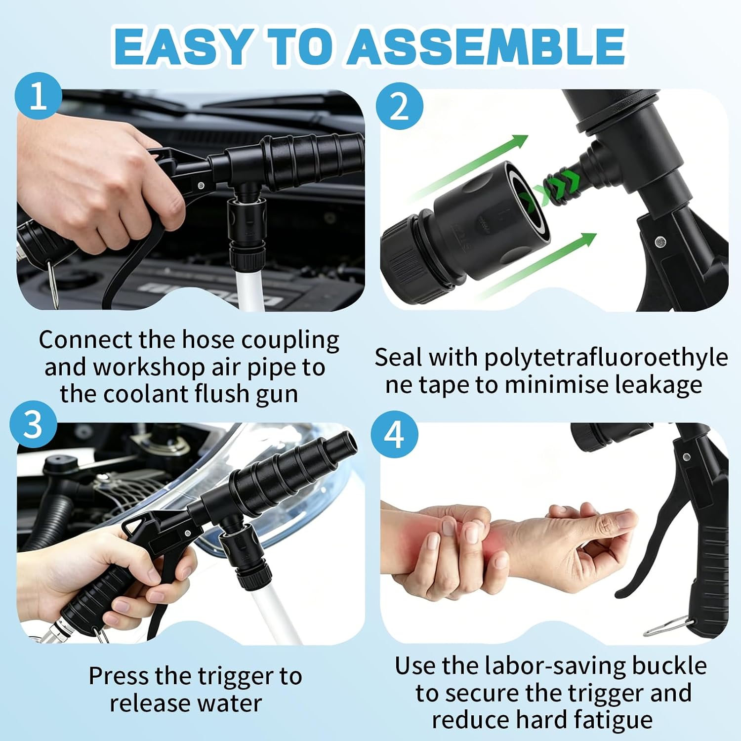 Coolant Flush Gun, Lever Action Heater Core Flush Kit with 3 Hose adapters (5/8 ", 3/4", 1/2 "), Radiator/Cooling System Flush kit for Automotive Coolant Flush, Nozzles Fit 19-40 mm Hoses