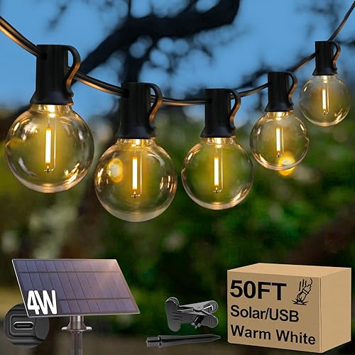 Guirnalda de luces solares de 50 pies, luces LED impermeables para exteriores, luces de patio G40 con 27 bombillas E12 inastillables, luces solares