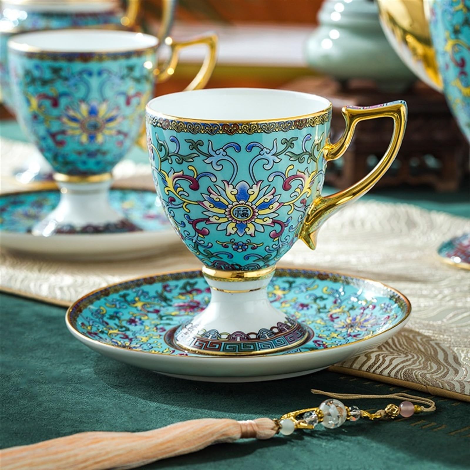 Jarra Juego de té la tarde café cerámica 15 piezas | Juego de taza y platillo de café Bone China