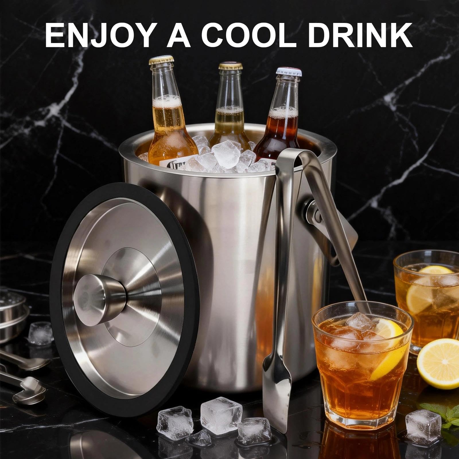 Seau à glaçons en acier inoxydable de 1,6 l - Double paroi - Avec couvercle - Passoire et pince - Passe au lave-vaisselle - Pour fêtes, jardin, barbecue, bière, vin, champagne