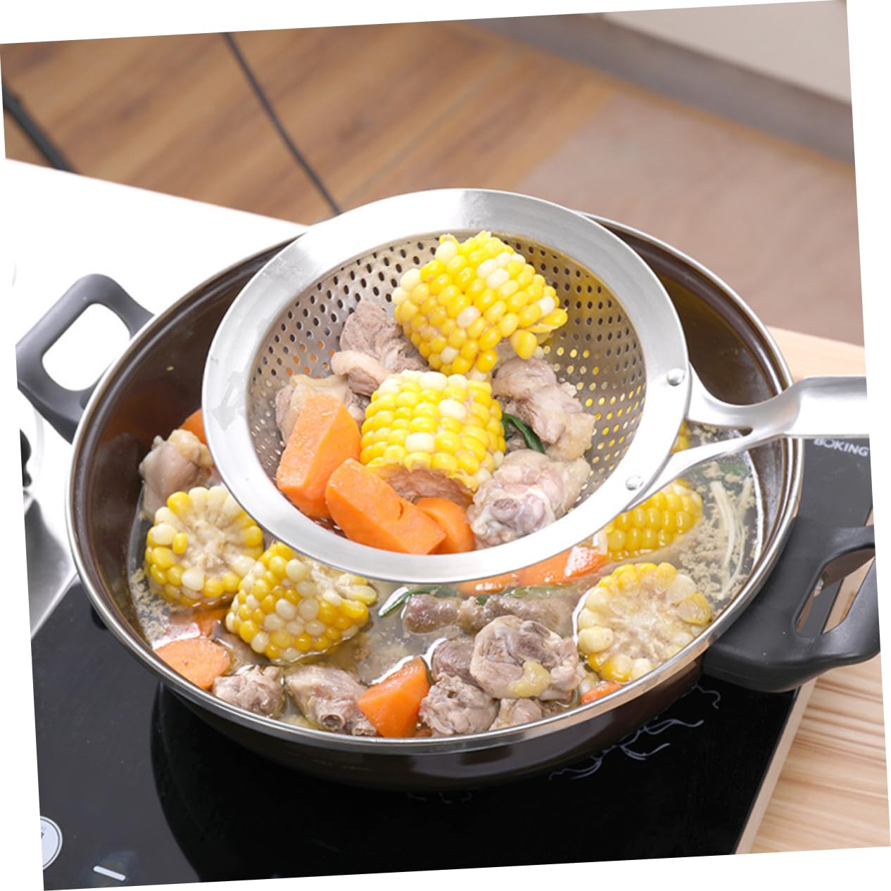 Juego de 2 coladores de cocina de acero inoxidable - Juego de colador de comida de cocina asiática y cesta para cocinar al vapor con colador de cuchara - Filtro de metal duradero para cocinar y freír
