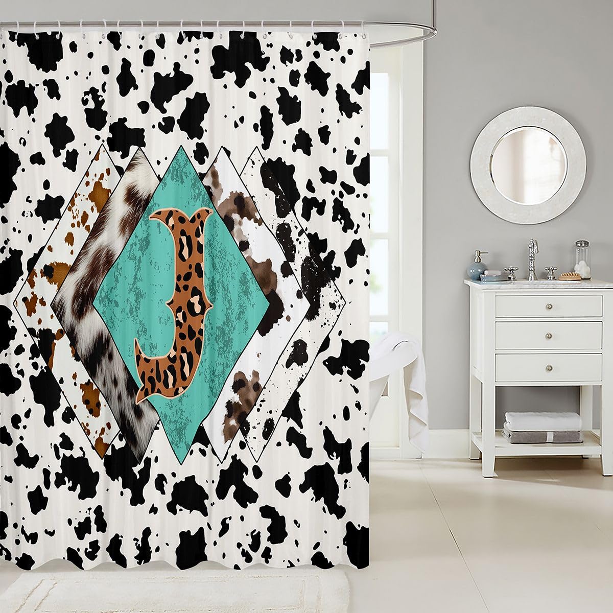 Rideau de douche lettre J taille L léopard monogramme alphabet imprimé cuir de vache rideau de bain pour adultes design rustique rétro rideaux de bain imperméables avec 12 crochets pour baignoire