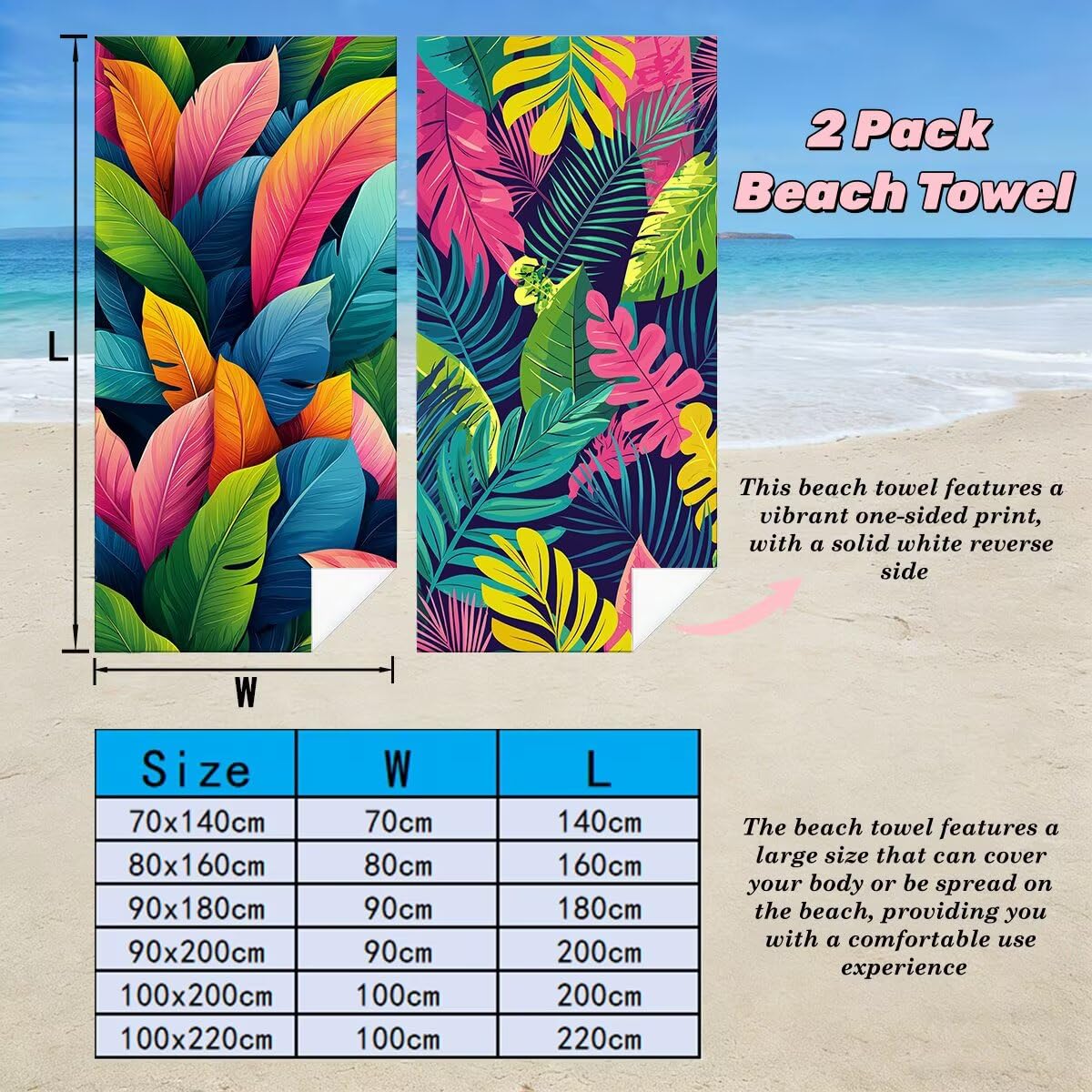 Toalla Playa 100x220 cm, Toalla Gimnasio Microfibra Secado Rapido, Juego de 2 Antiarena Toallas de Playa, Ligera Compacta Toallas Microfibra Grande para Viaje, Regalo Hombre Regalo Mujer (Hoja) -5083