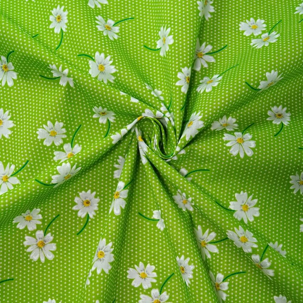 Polycotton Fabric Polka Dot Floating Daisy Flowers Floral Spots Dots (Sold Per Metre) (Lime Green)