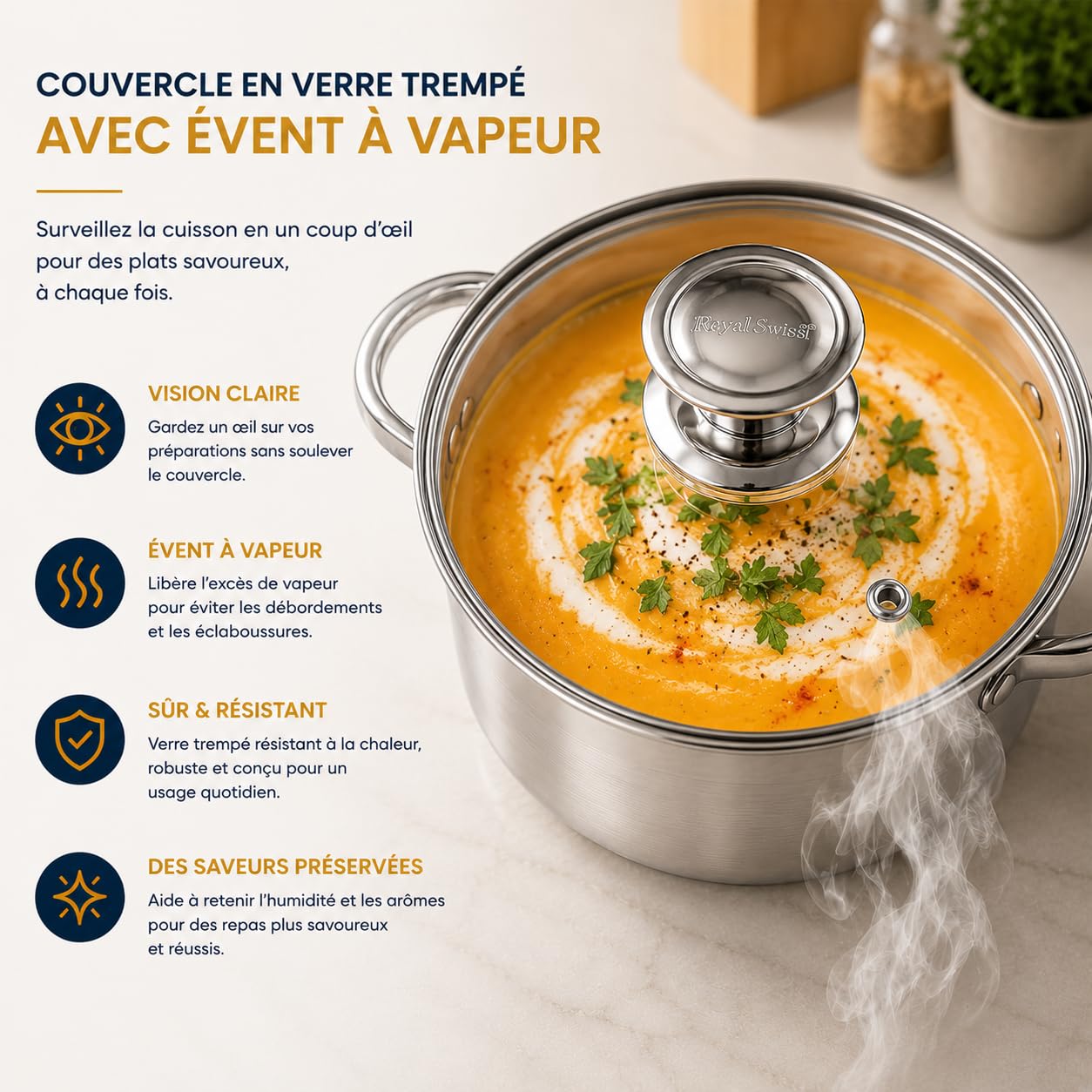 Royal Swiss® Batterie de Cuisine Inox 6 Pièces – Casseroles & Poêles avec Couvercles en Verre – Tous Feux – Acier Inoxydable Durable (6 pcs)
