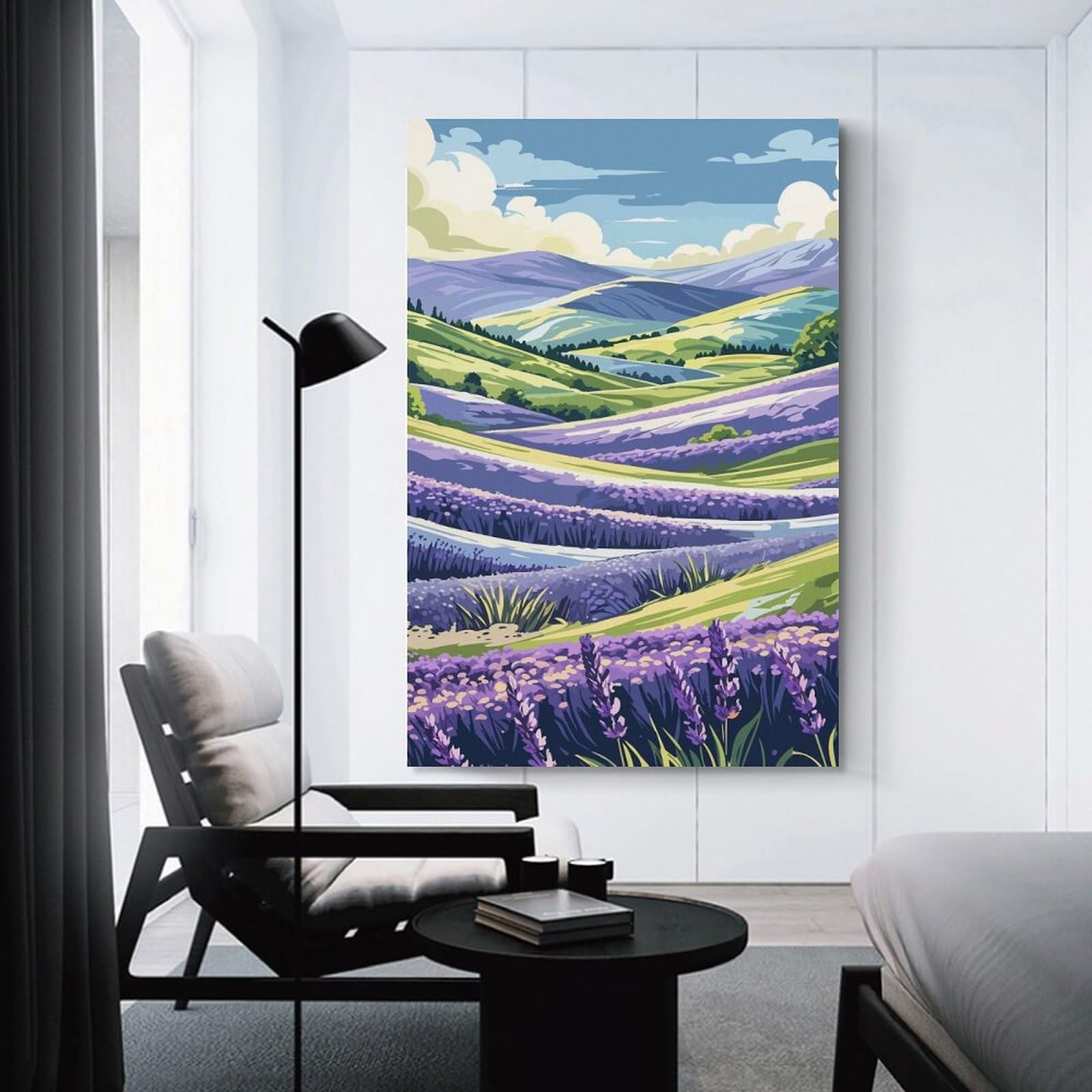 Junmoney Lavender Field Landscape Illustration Canvas Wall Decor 08x12inch(20x30cm), for Calm Bedrooms, Home Corners Or Flats, An Easy Wall Refresh for Bedrooms