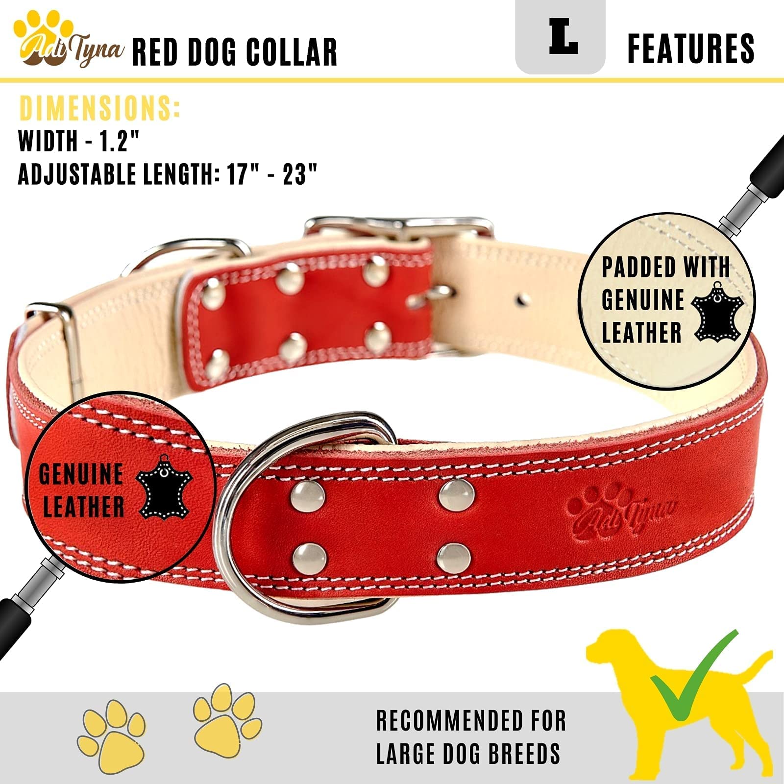 ADITYNA Collare per cani imbottito in pelle – Heavy Duty Red Collare per cani – Collare per cani di taglia grande