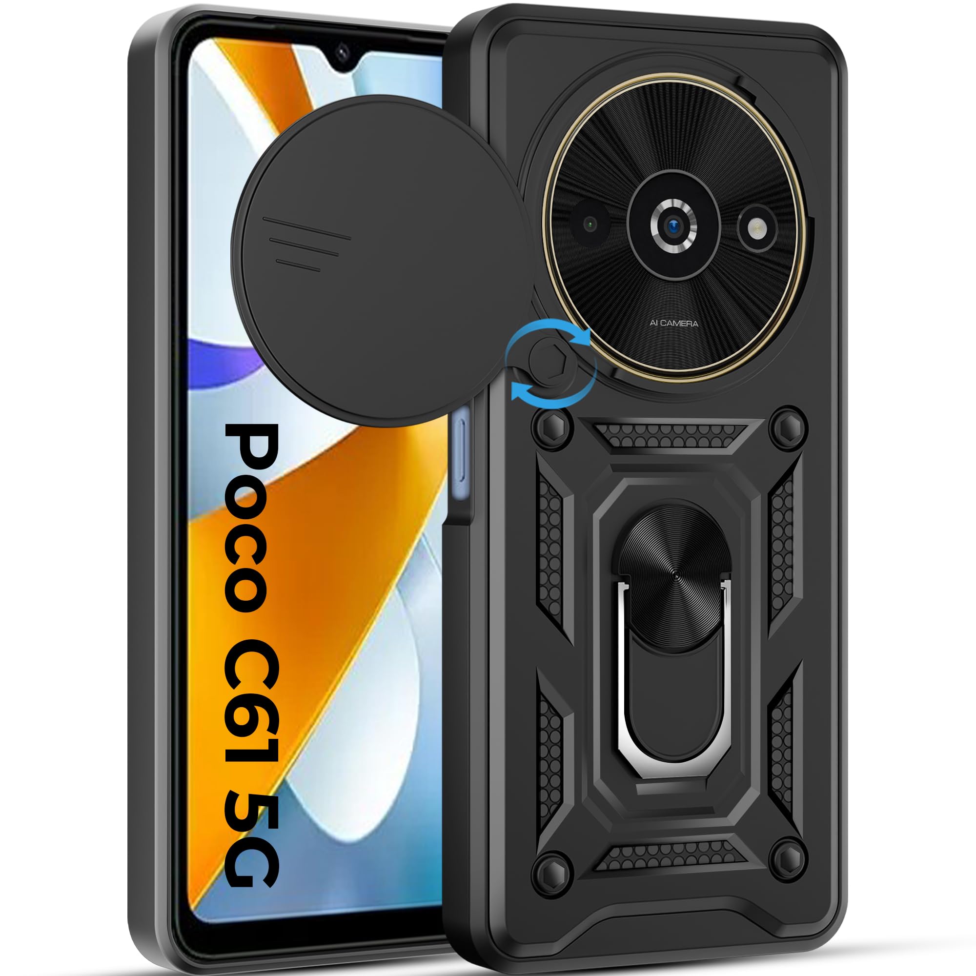 A rtistque TPU+PC Armor Back Case Cover for Mi Redmi A3 5G/A3X 5G/Poco C61 5G|Stylish Ring Holder & Inbuilt Stand|Sliding Camera Cover|Protective|Mi Redmi A3/A3X 5G/Poco C61 5G Cover-Black