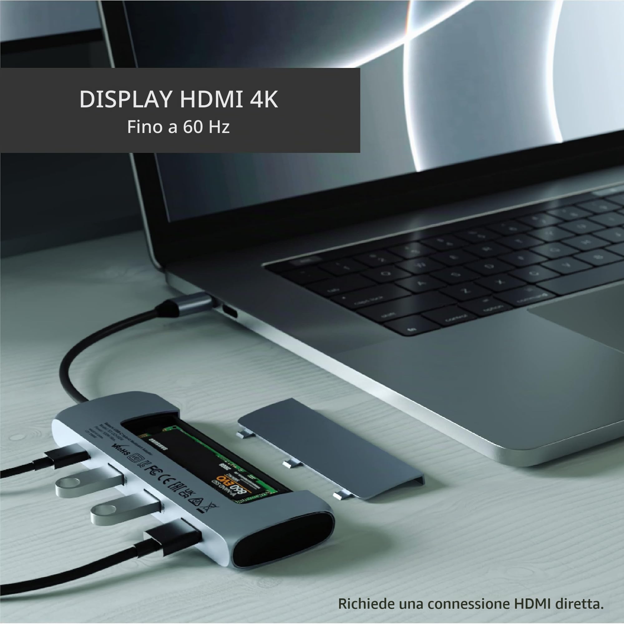 SATECHI Hub USB C 5 in 1, Alloggiamento SSD M.2 SATA, 100W, Grigio | HDMI 4K@60Hz, 2 Porte USB-A 3.1 10Gbps, per MacBook Air/Pro/Neo, laptop Windows e altro