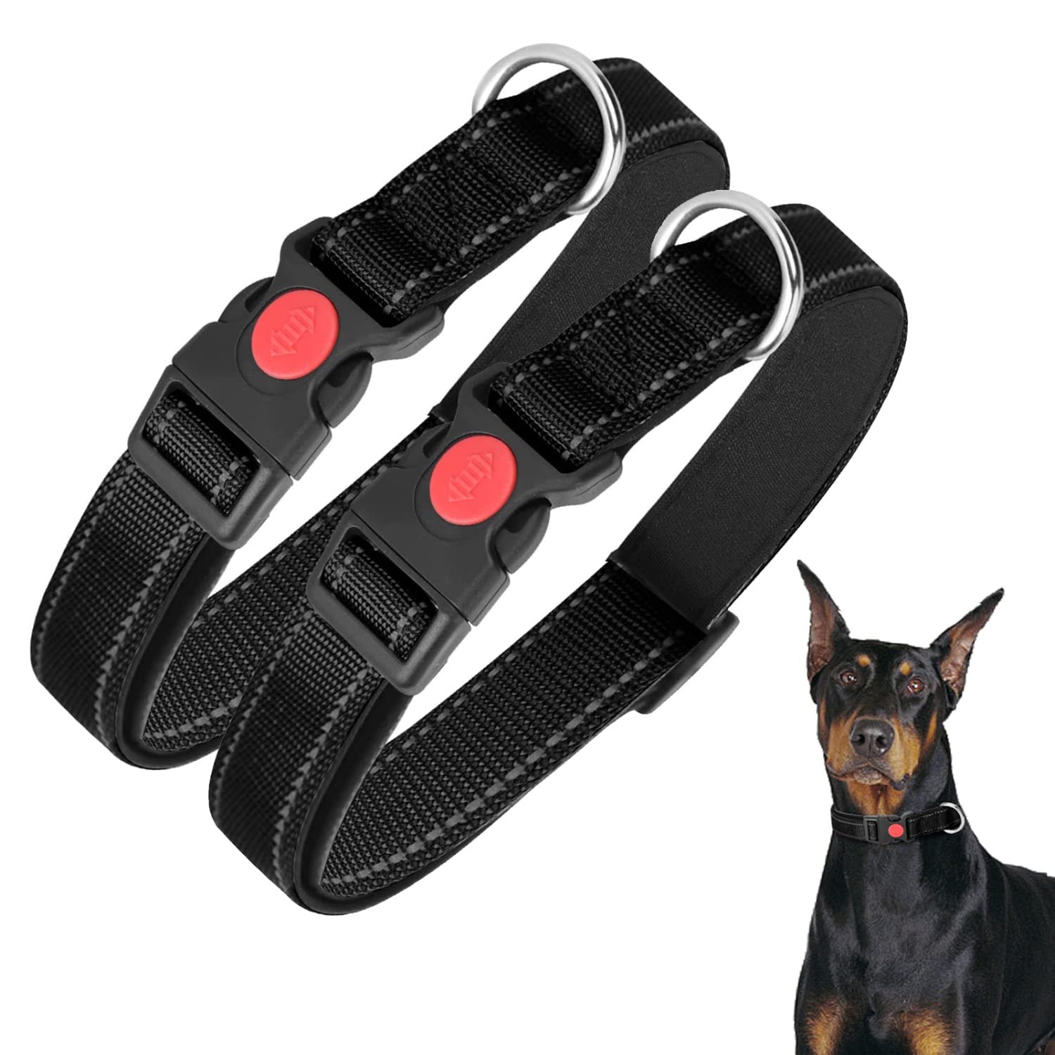 Nobleza - 2× Collar Perro, Collar Nylon Reflectante Suave Acolchado para Perros, Ajustable Collar Perro Grande con Cerradura de Seguridad, Collares de Entrenamiento para Perros (L, Negro)