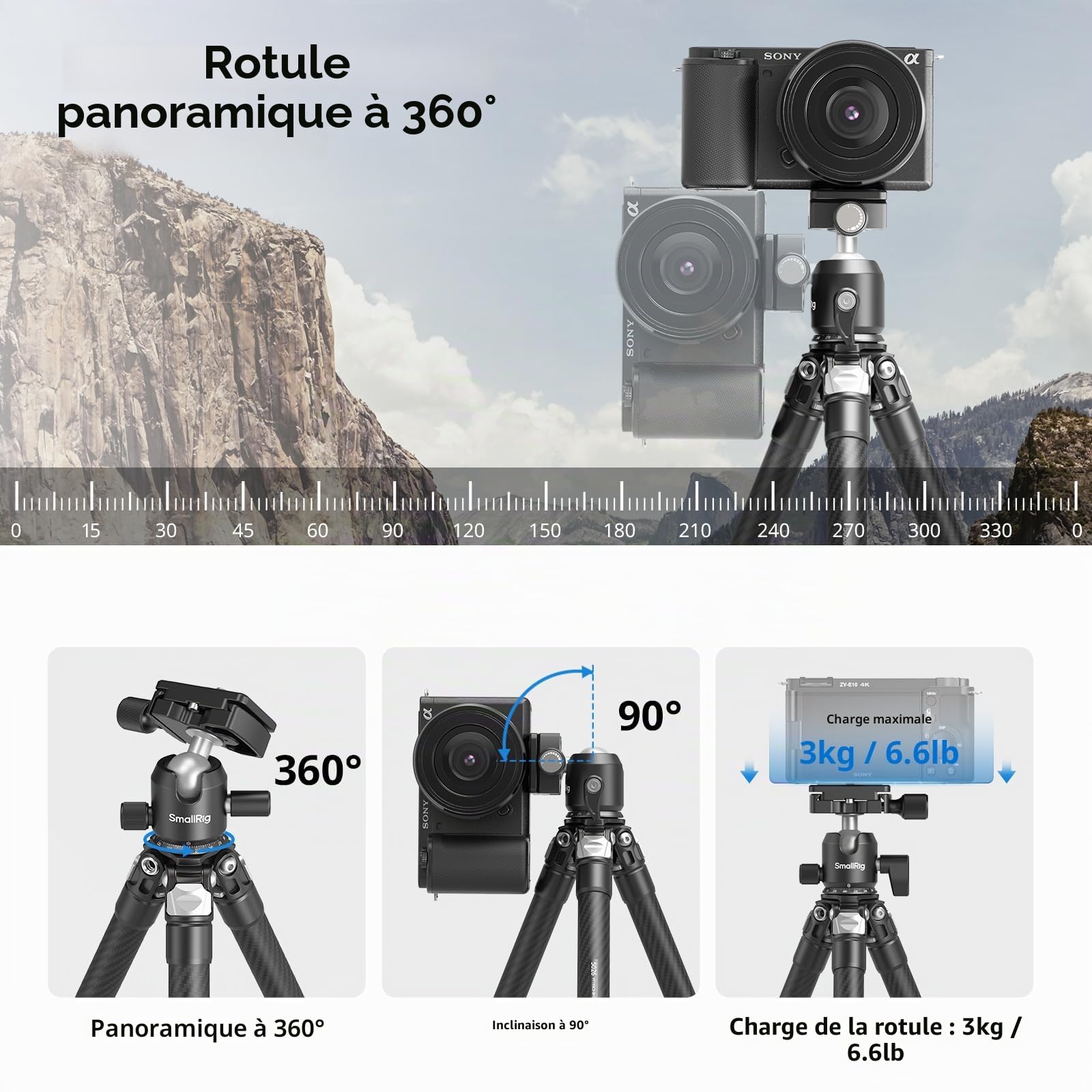 SMALLRIG Mini Trépied de Bureau en Fibre de Carbone pour Caméra, Trépied de Table de Poche Compact de 15,5'' / 39,5 cm avec rotule à 360°, Plaque QR intégrée pour Arca, capacité de la rotule 3 kg