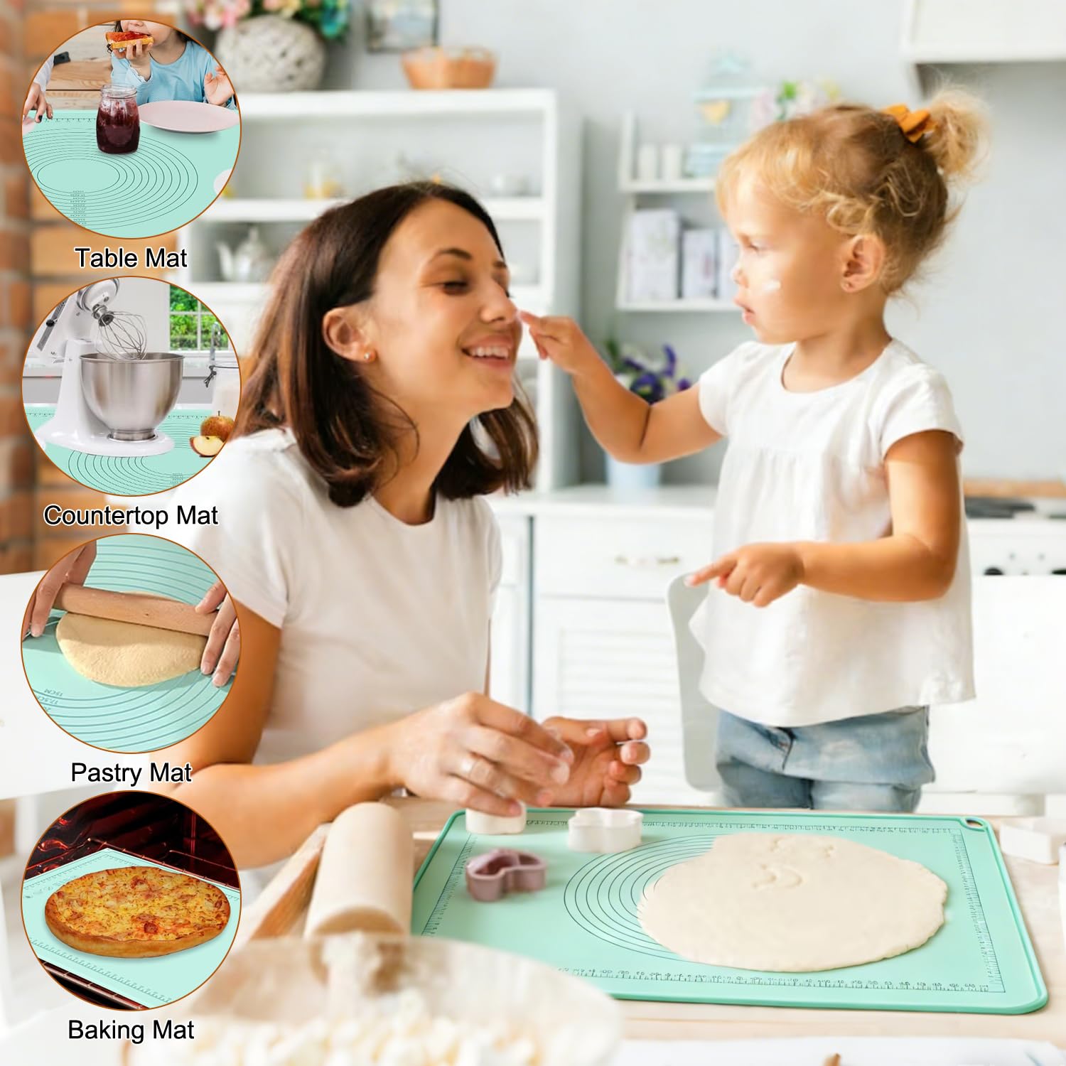 Backunterlage Silikon Groß 70x50cm,Backunterlage zum Teig Ausrollen,3 Silikon Backformen Set,40 Mesh Edelstahl Pollensieb Set,mit ölsprühflasche,Silikonbürste,Teigschneider,für Küche,Backofen,Kuchen