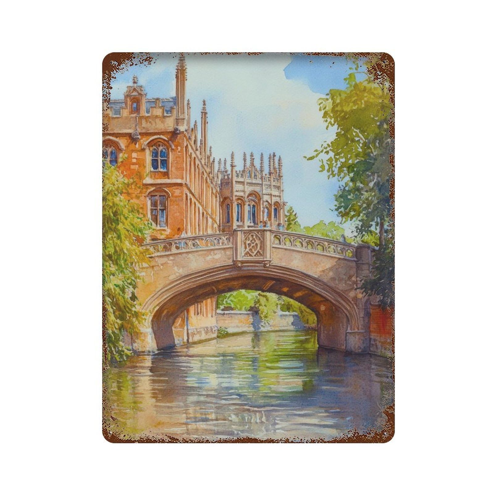 Bridge of Sighs Cambridge Watercolour St John's College River Cam Punting UK Travel Gothic Architecture Wall Decor Art Metal Tin Poster Modern Home Decor Art Home Bar Shop Decorations Vintage Sign 40