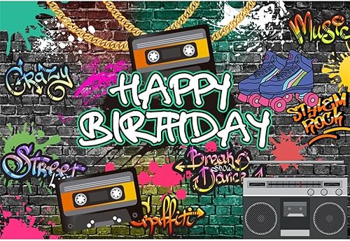 Miniatura 1 de AOFOTO Telón de fondo de feliz cumpleaños de 7 x 5 pies, 80 y 90, tema de regreso a los 80, 90, Hip Hop, Rock Bday, Graffiti, pared de ladrillo,