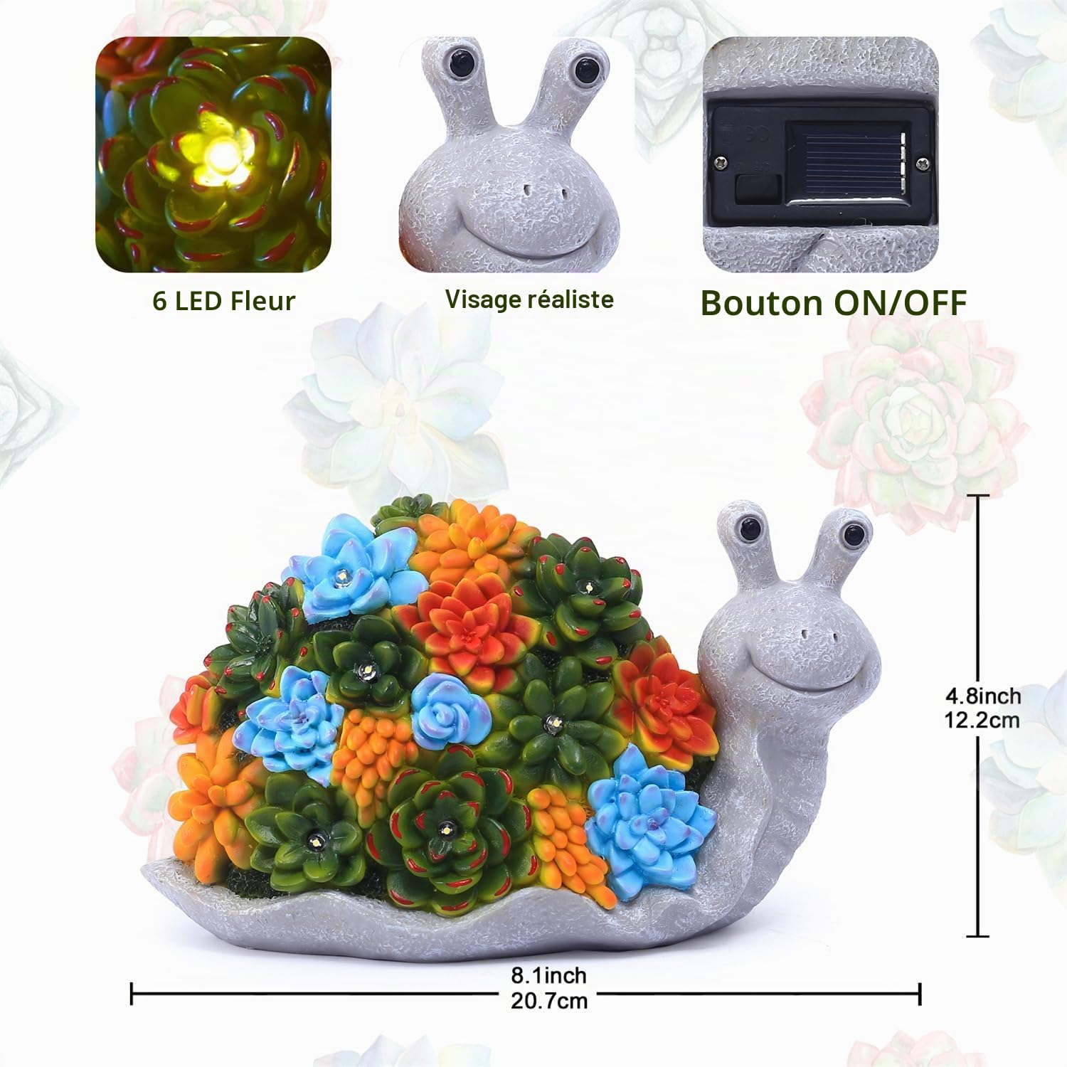 Yeomoo Escargots Solaire Figurine avec Succulentes LED Décoration Jardin