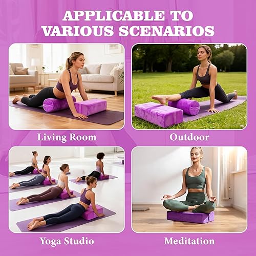 Miniatura 7 de Juego de 2 almohadas de yoga lavables, funda de terciopelo para meditación, con espuma de alta densidad y asa de transporte, cojines rectangulares y