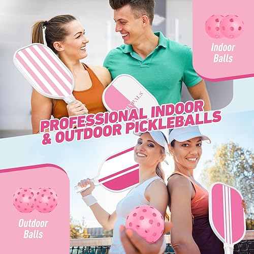 Miniatura 6 de Juego de 4 palas de pickleball rosadas, aprobadas por USAPA, juego de 4 con 4 bolas de pickleball y 1 bolsa de transporte de madera de primera